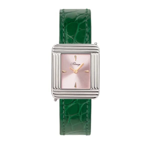 Poiray Montre Poiray Ma Première Acier Cadran Rose Bracelet Alligator Vert