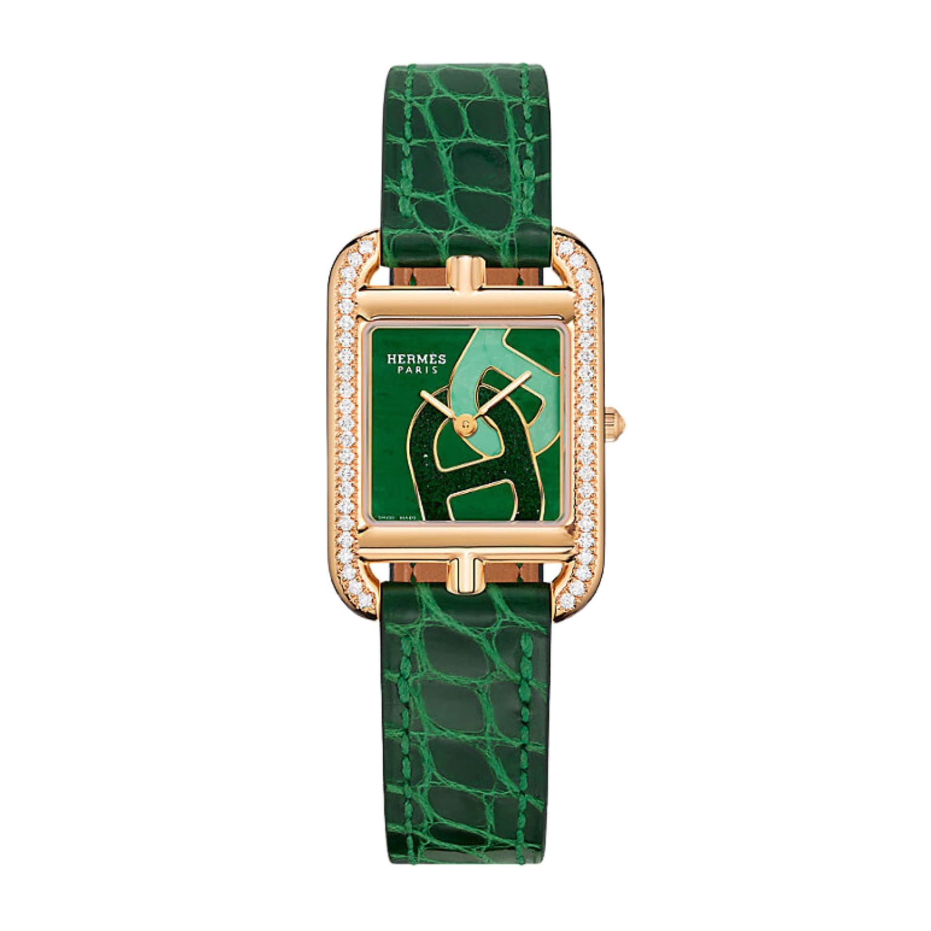Hermès Montre HERMÈS Cape Cod Petit Modèle quartz en or rose lunette sertie cadran jade néphrite bracelet cuir vert 31 mm