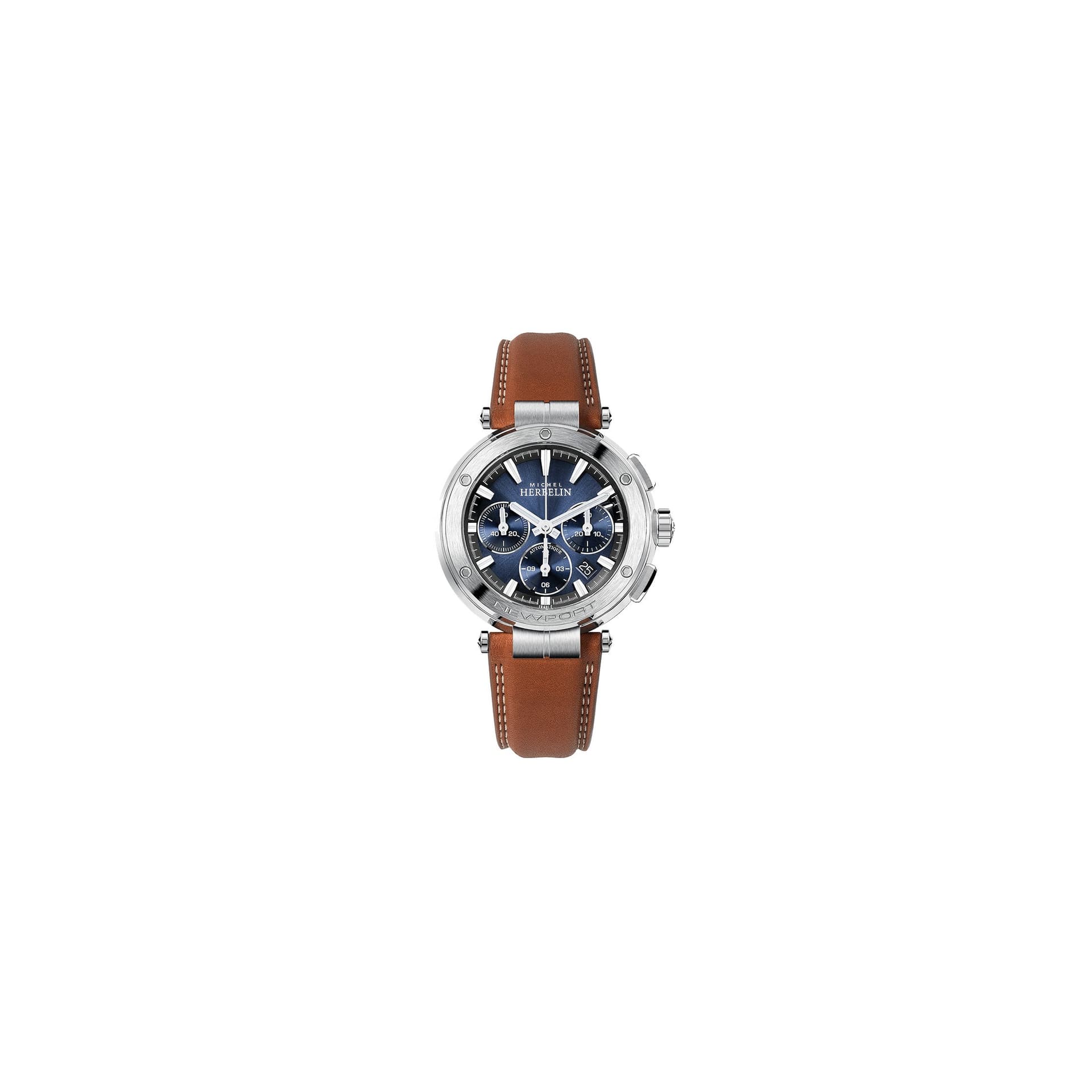 Michel Herbelin Montre Michel Herbelin Newport automatique chronographe acier cadran bleu bracelet cuir brun 43,5 mm
