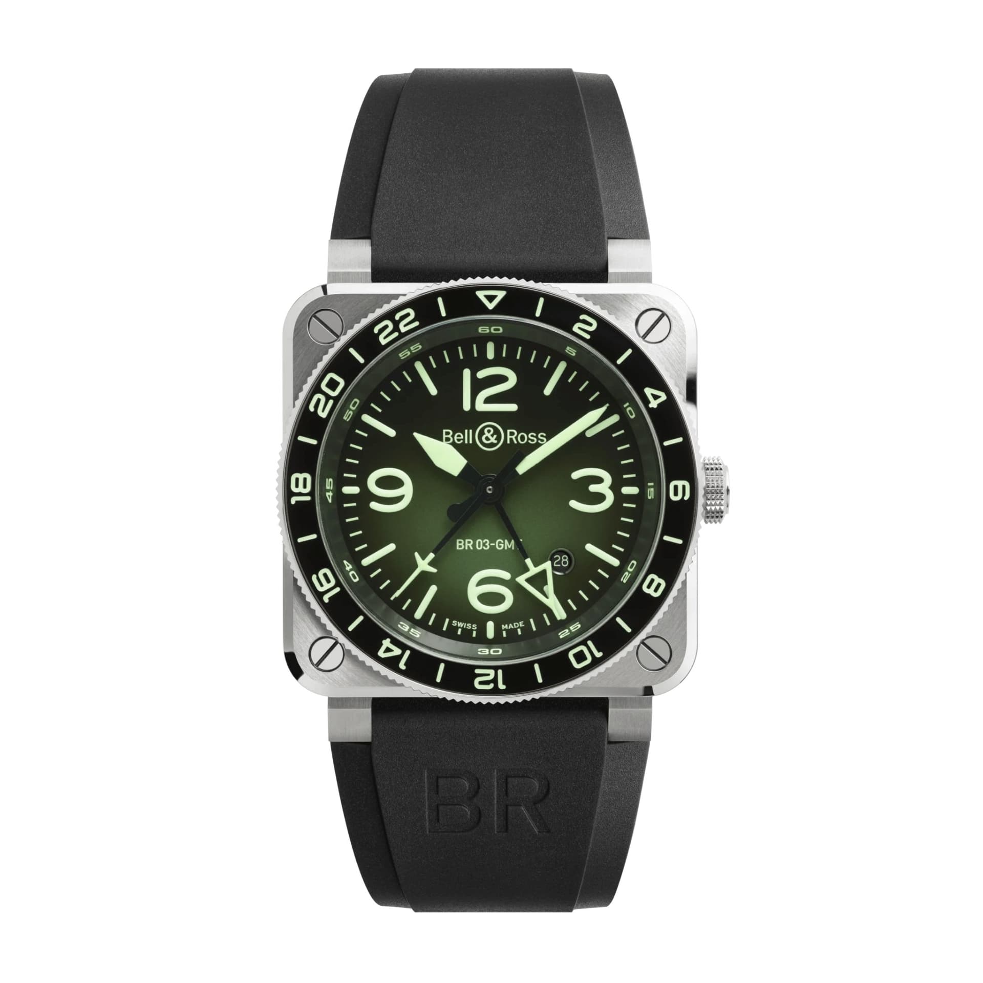 Bell & Ross Montre Bell &amp; Ross BR-03 GMT Green Lum automatique cadran vert bracelet caoutchouc 42 mm