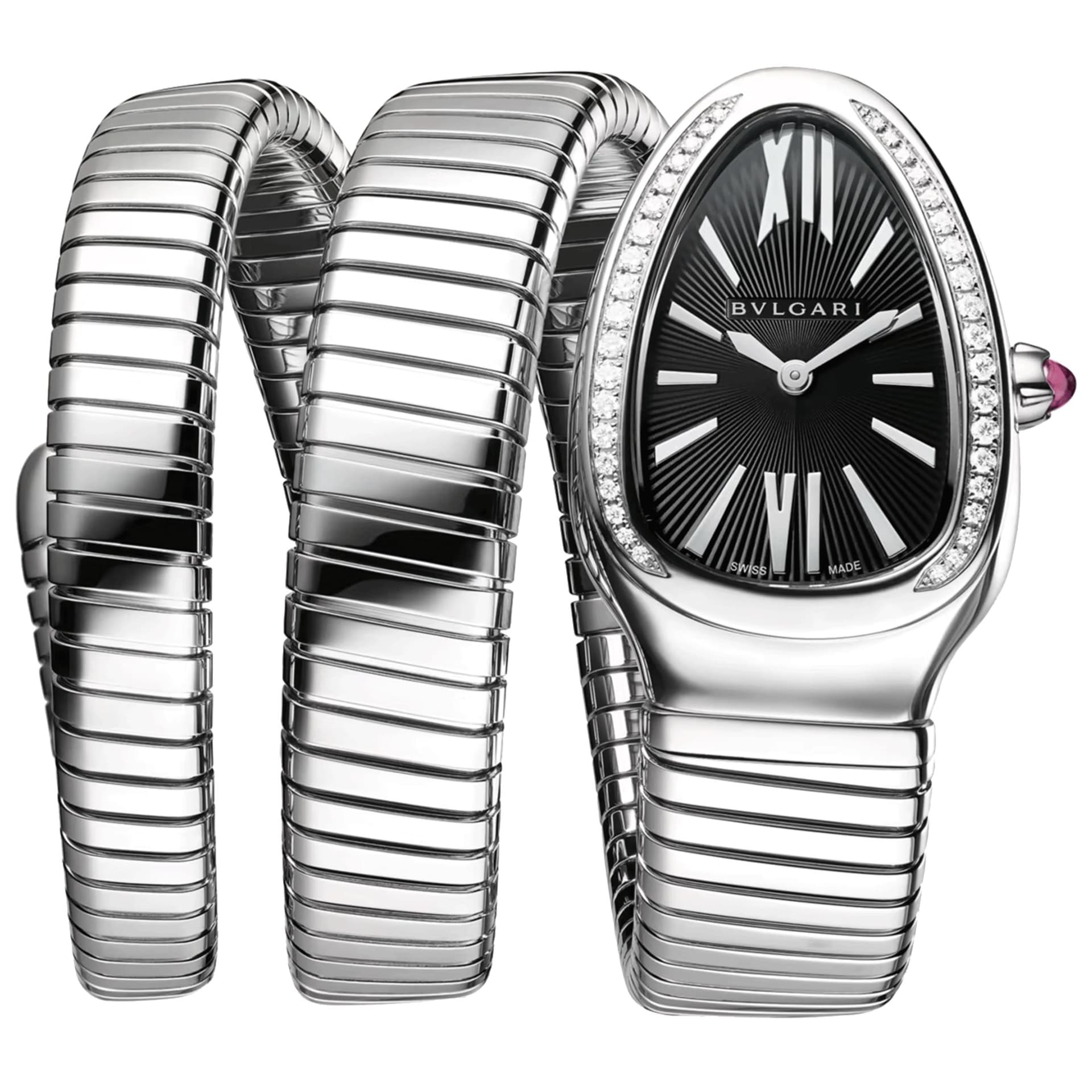 Bulgari Montre Bulgari Serpenti Tubogas quartz lunette sertie cadran noir bracelet acier double tour 35 mm
