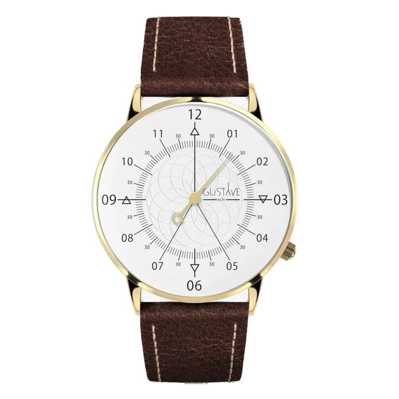 Gustave & Cie Montre 12H Louis Or & Blanc Cuir Marron Chocolat 36mm