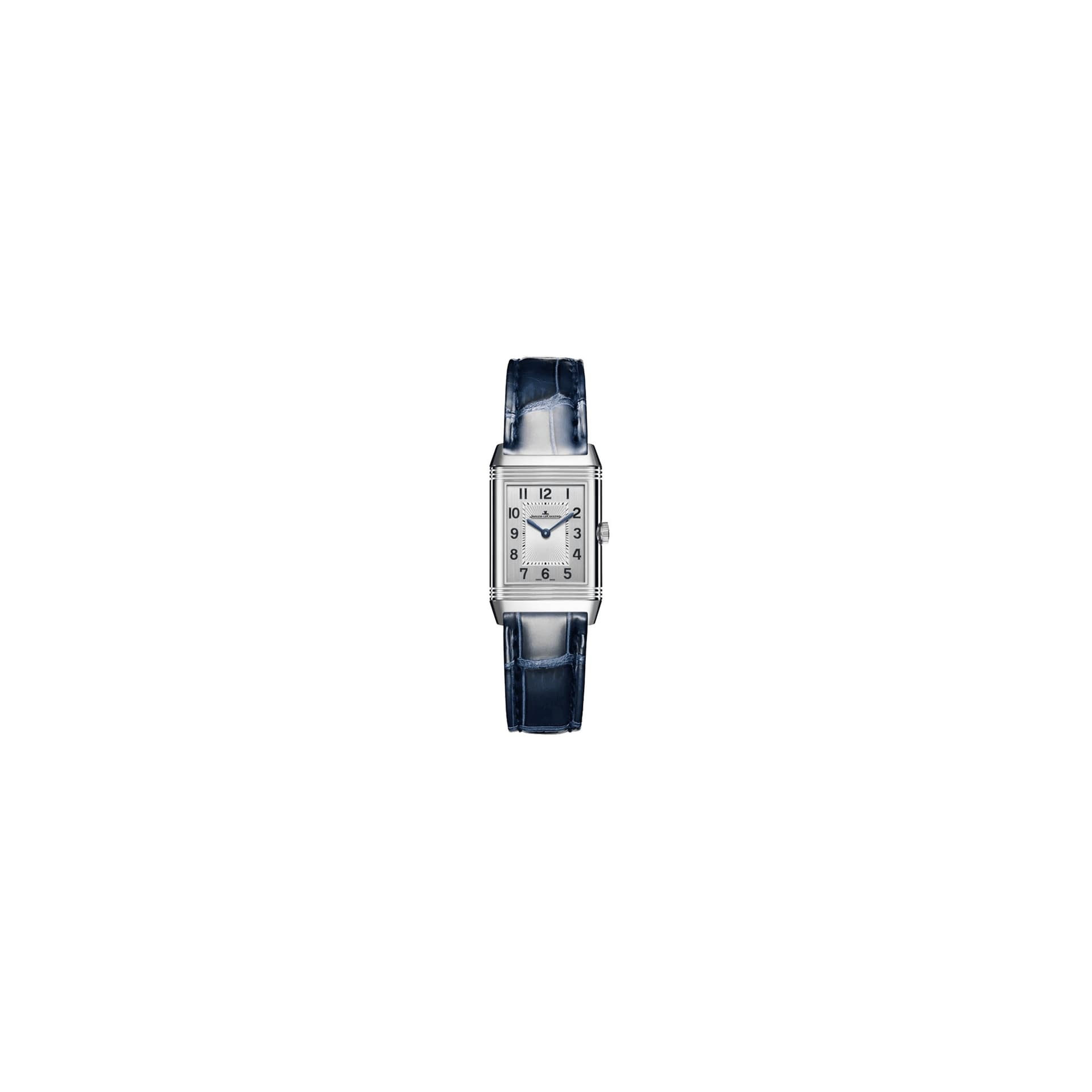 Jaeger-LeCoultre Montre Jaeger LeCoultre Reverso Classic Small Duetto mécanique cadran argent bracelet cuir bleu