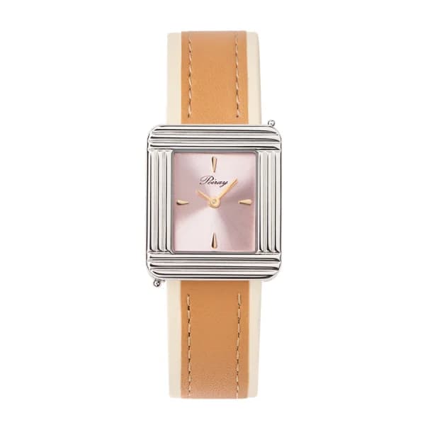 Poiray Montre Poiray Ma Première Acier Cadran Rose Bracelet Veau Sellier Miel