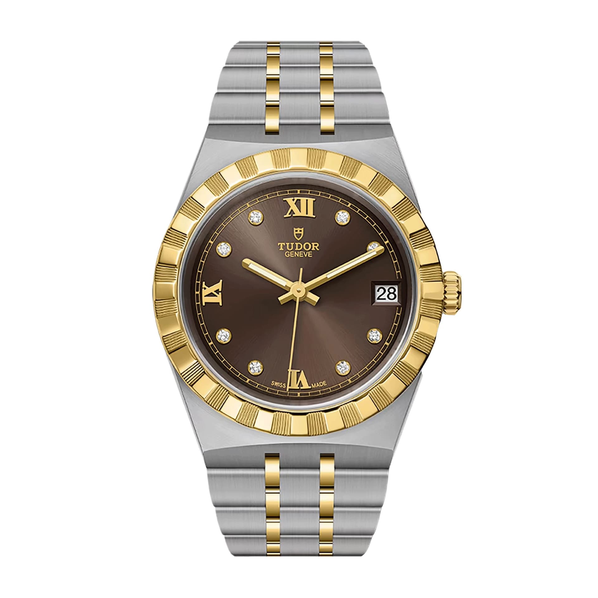 Tudor Montre Tudor Royal automatique lunette or jaune index diamants cadran chocolat bracelet acier et or jaune 34 mm