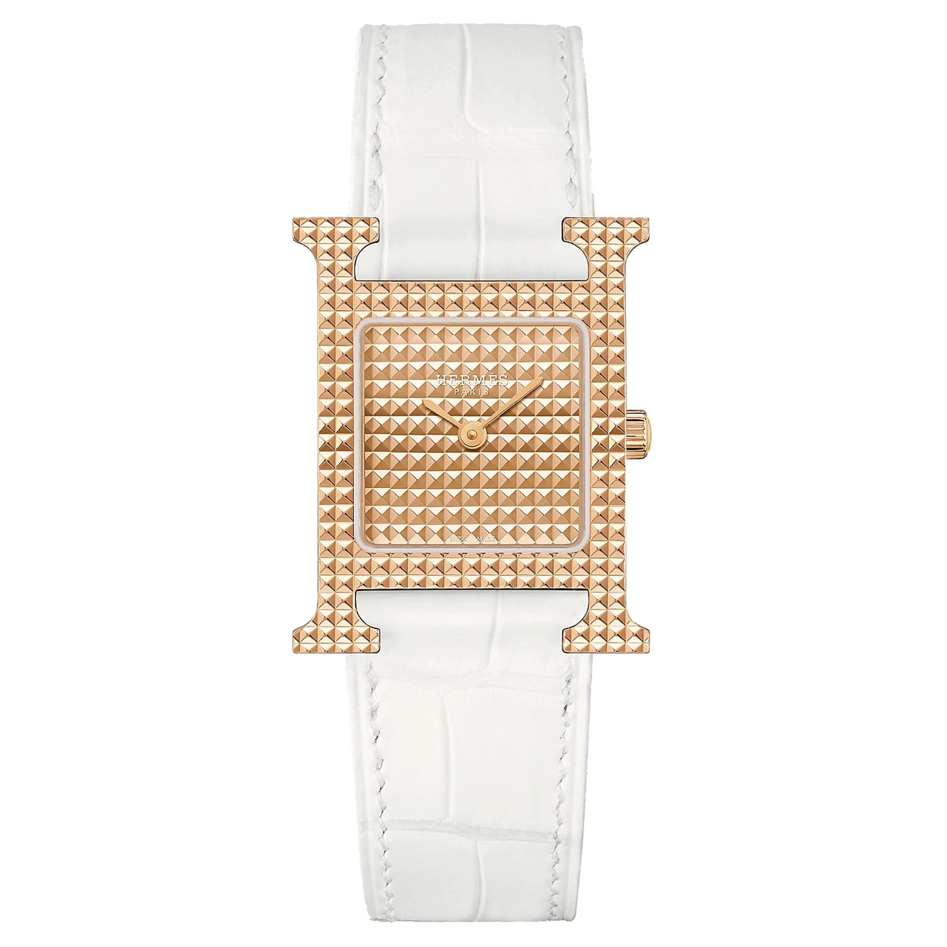 Hermès Montre HERMÈS Heure H Petit Modèle quartz cadran or rose bracelet cuir blanc 25 mm