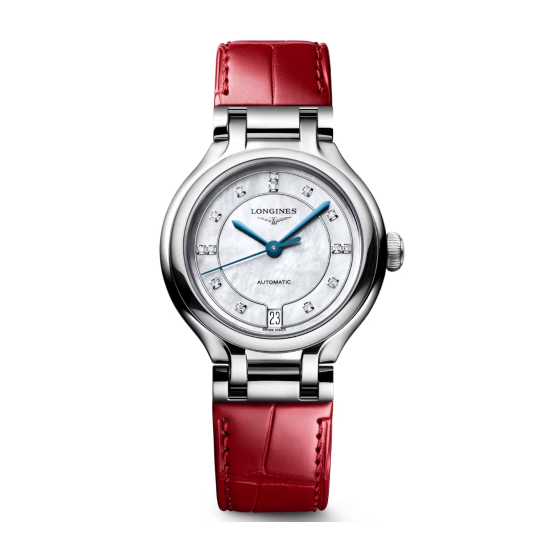 Longines Montre Longines PrimaLuna auto cadran nacre blanche index diamants bracelet cuir rouge 34 mm