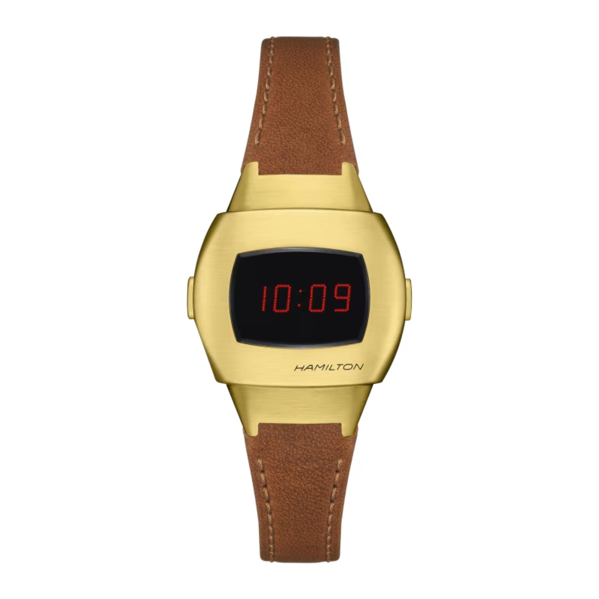 Hamilton Montre Hamilton PSR 74 Digital quartz PVD or jaune affichage LCD et Oled rouge bracelet cuir marron