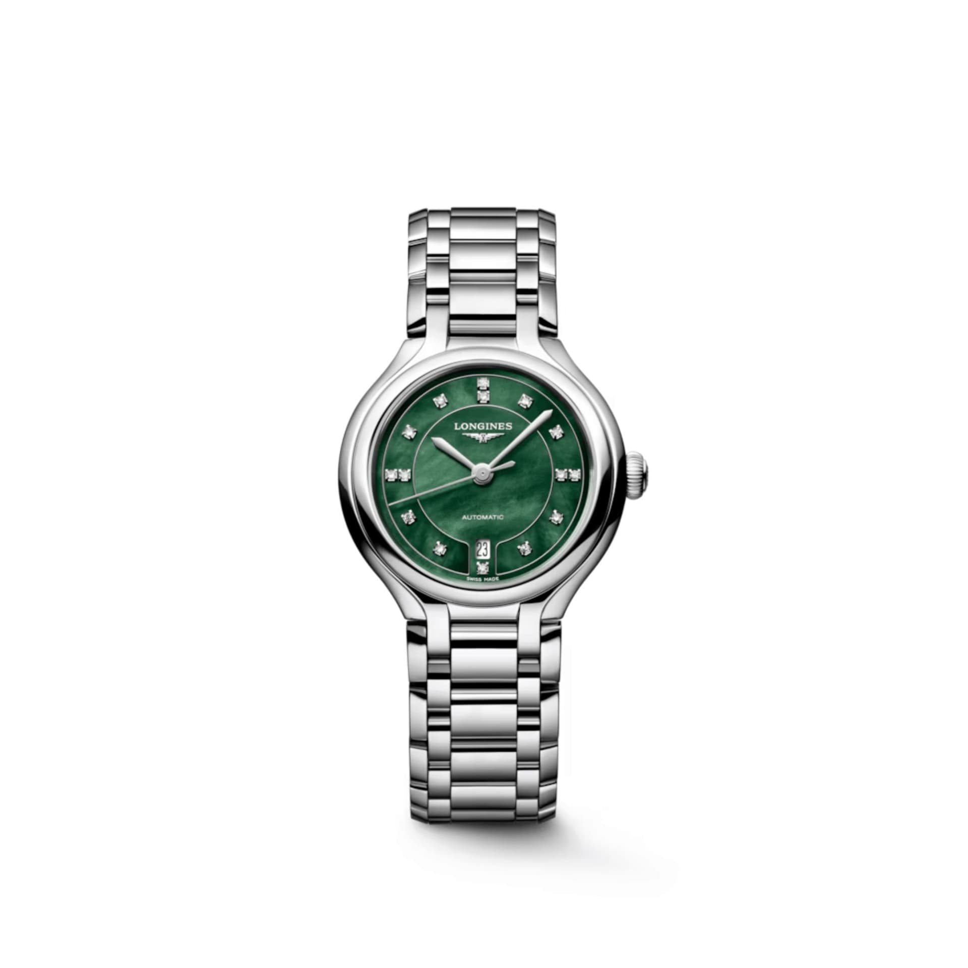 Longines Montre Longines PrimaLuna automatique cadran nacré vert index diamants bracelet acier 30 mm
