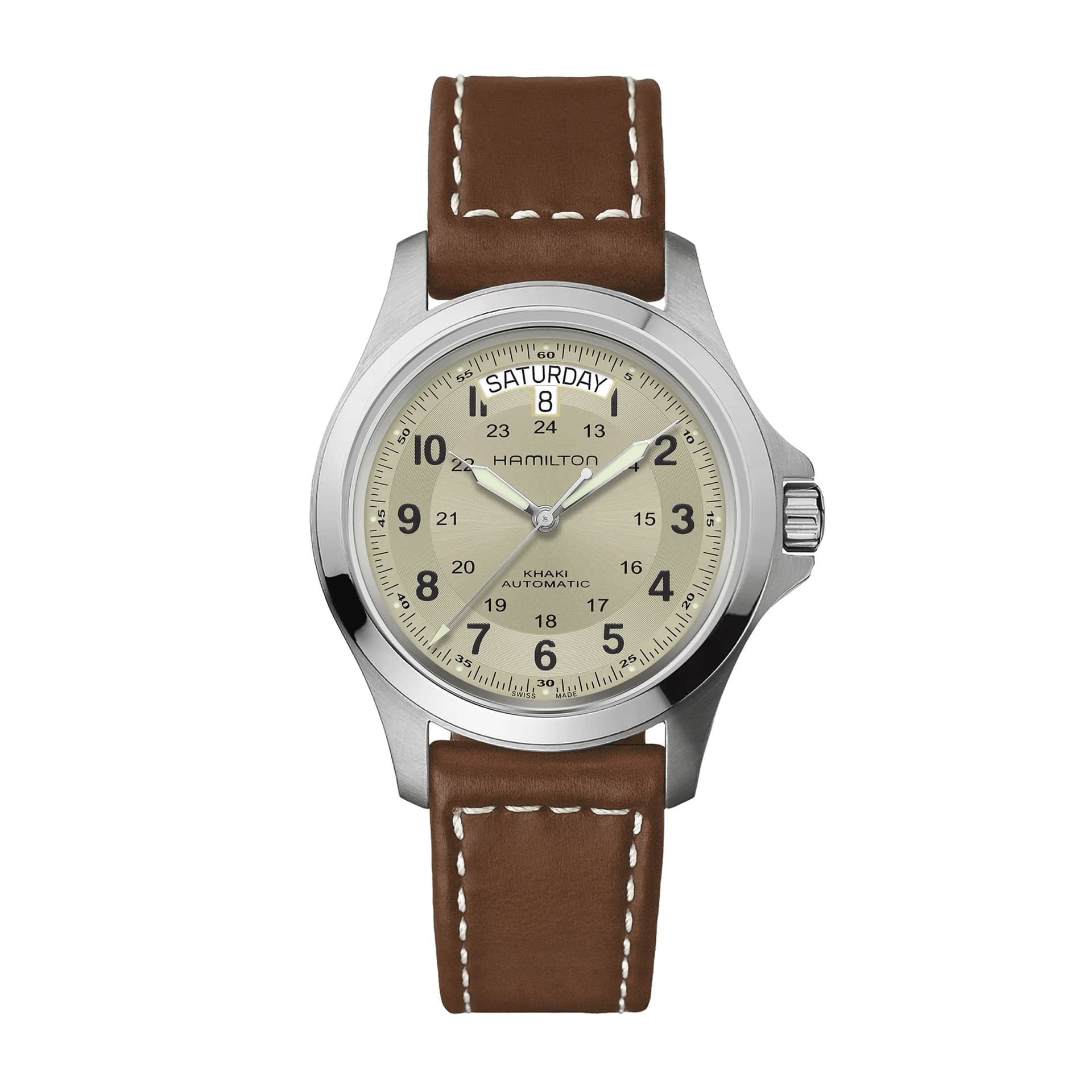 Hamilton Montre Hamilton Khaki Field King automatique cadran beige bracelet cuir brun 40 mm