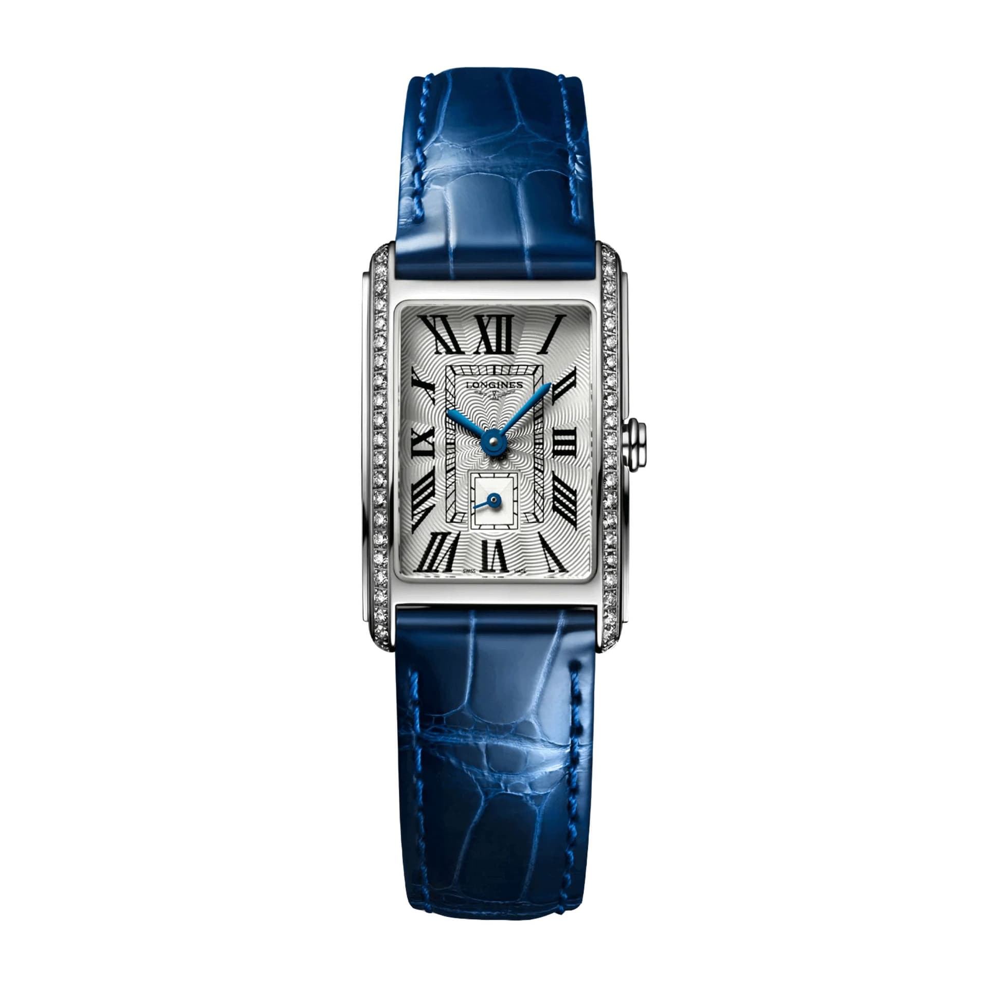 Longines Montre Longines DolceVita quartz cadran argent bracelet cuir croco bleu 20,80 x 32 mm