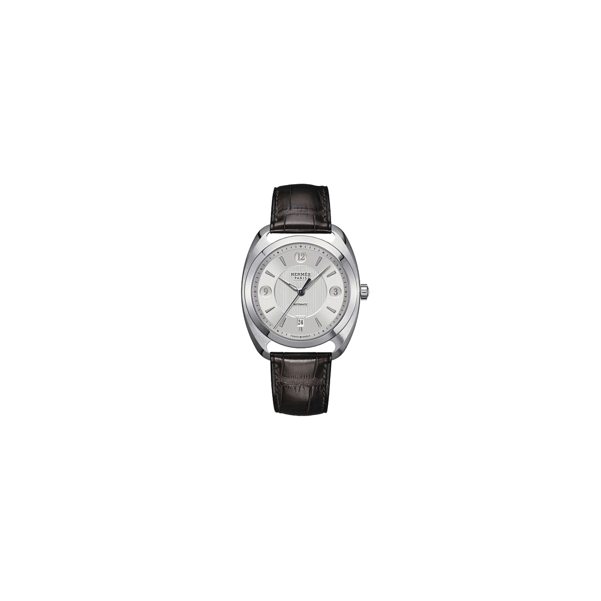 Hermès Montre HERMÈS Dressage Grand Modèle automatique cadran argenté bracelet cuir marron 40 mm
