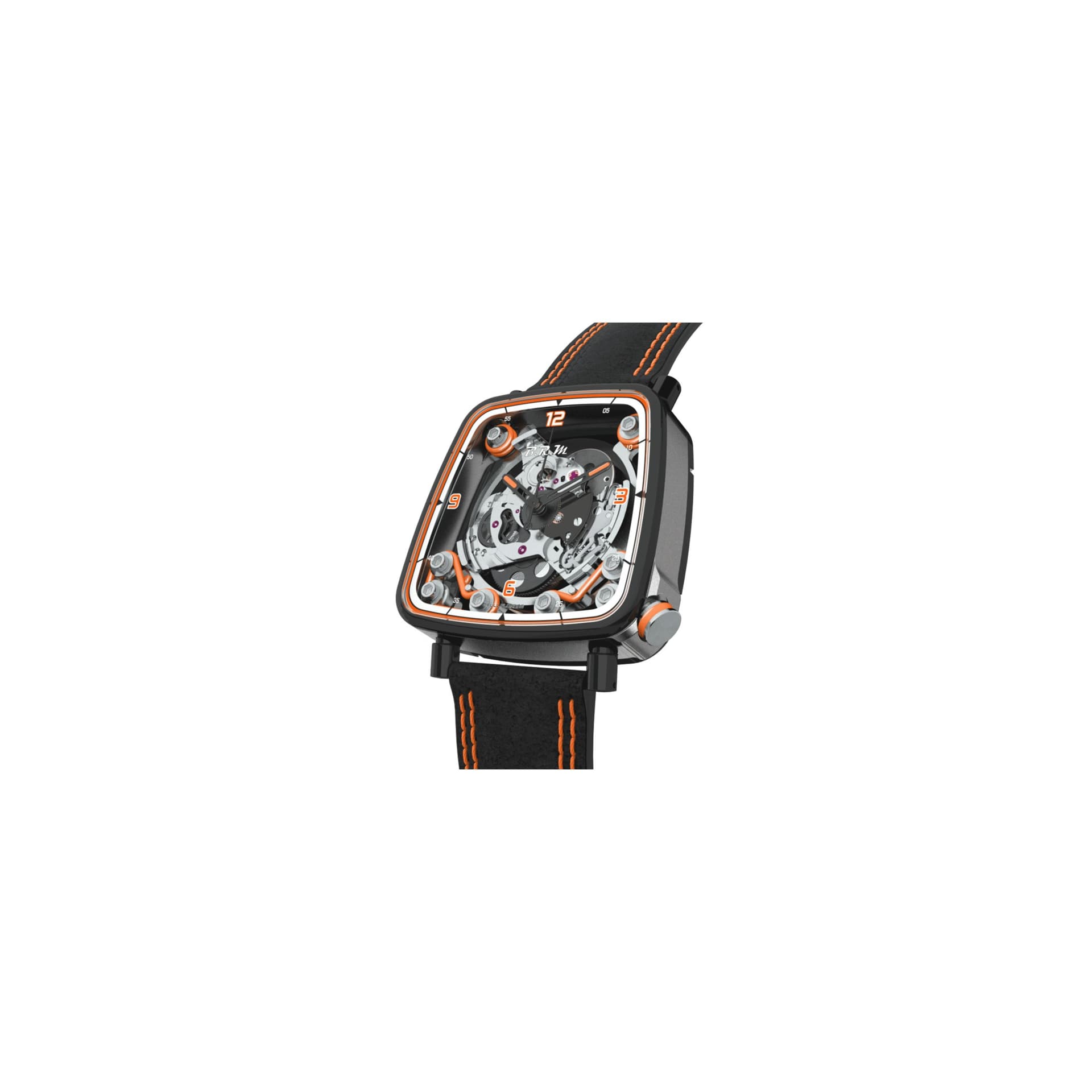 B.R.M Montre B.R.M FF39-40 automatique titane PVD noir couronne laque orange cadran squelette bracelet cuir Alcantara noir 40 mm