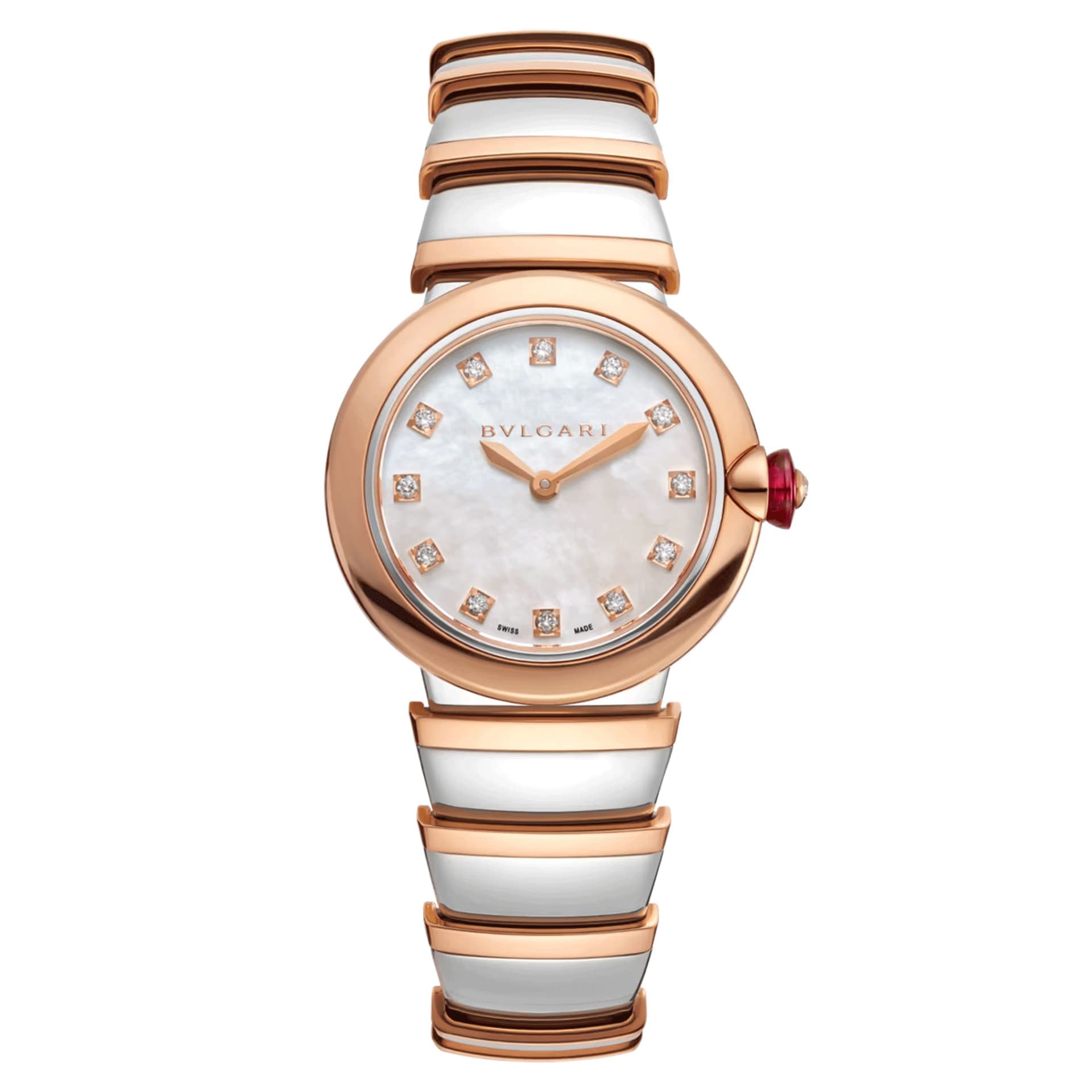 Bulgari Montre Bulgari Lvcea quartz index diamants cadran nacre blanche bracelet acier et or rose 28 mm