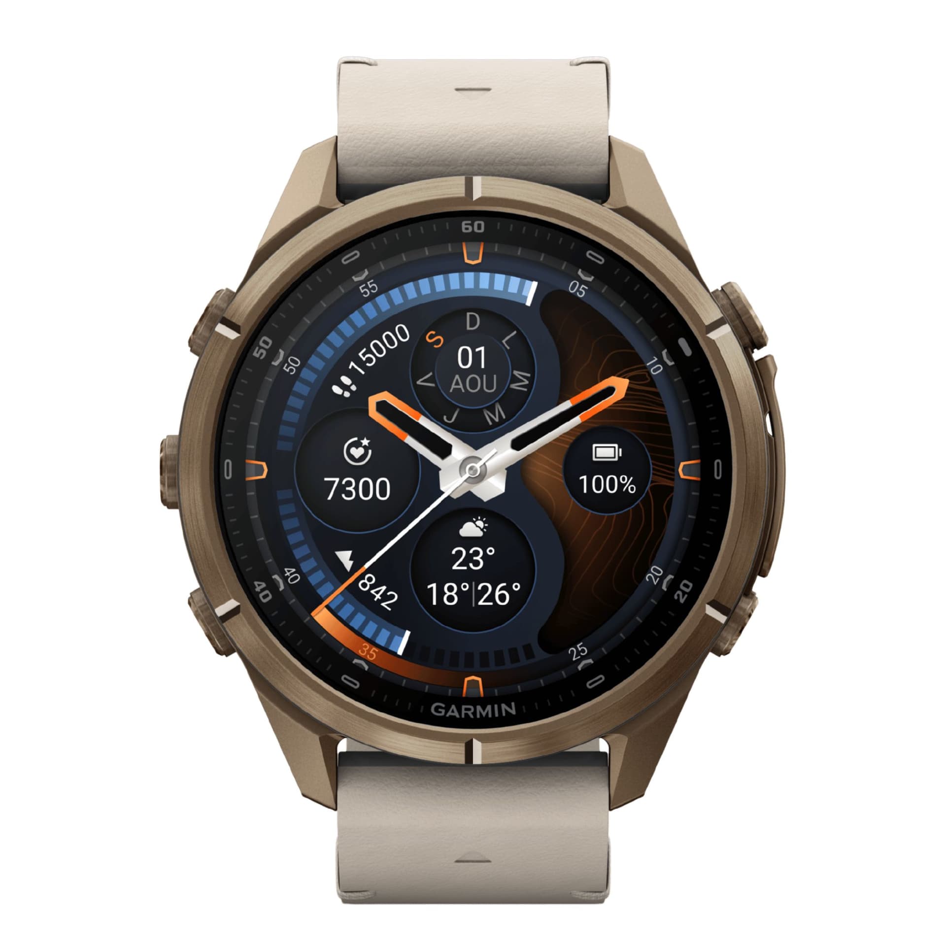 Garmin Montre Garmin Fēnix 9 Pro inReach AMOLED Sapphire Titane Autumn Gold bracelet Bone cuir + bracelet cream/French gray silicone 43 mm