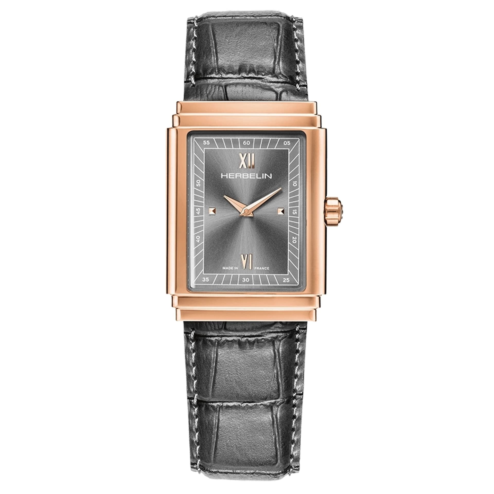 Michel Herbelin Montre Herbelin Art Déco 1925 PVD Or Rose quartz cadran gris bracelet cuir 37 x 27 mm