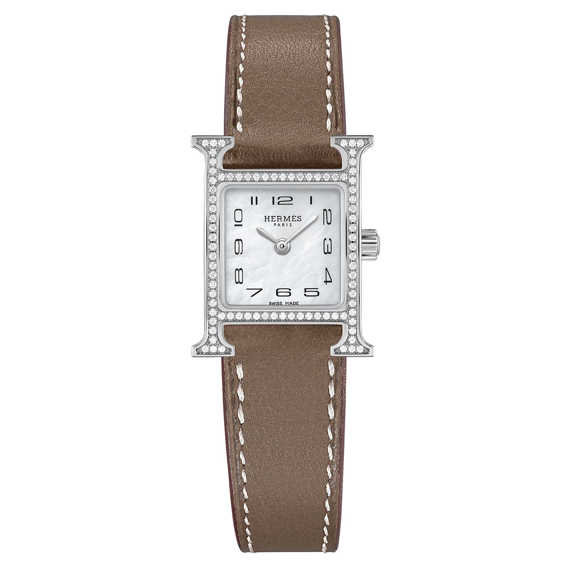Hermès Montre HERMÈS Heure H Mini Modèle sertie quartz cadran nacre blanche bracelet cuir taupe 21 mm