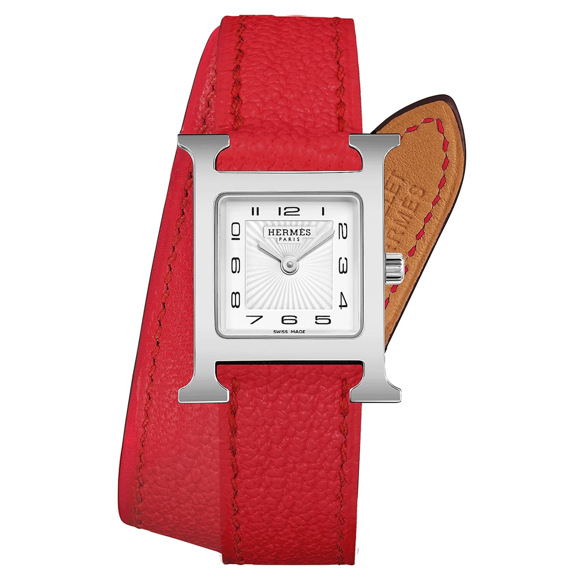 Hermès Montre HERMÈS Heure H Petit Modèle quartz cadran blanc bracelet double tour cuir rouge 25 mm