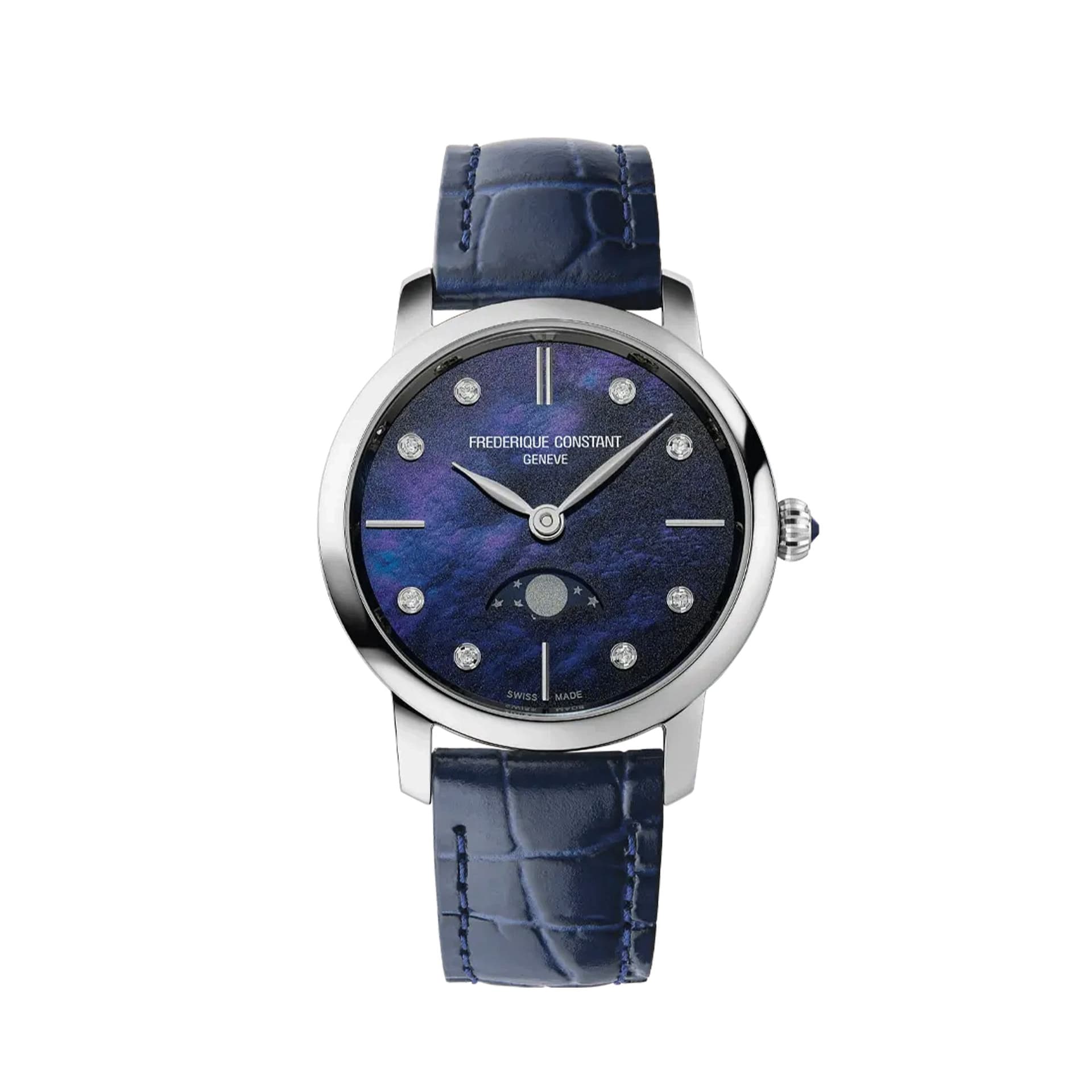 Frédérique Constant Montre Frédérique Constant Slimline Moonphase quartz cadran nacre bleu bracelet cuir bleu 30 mm