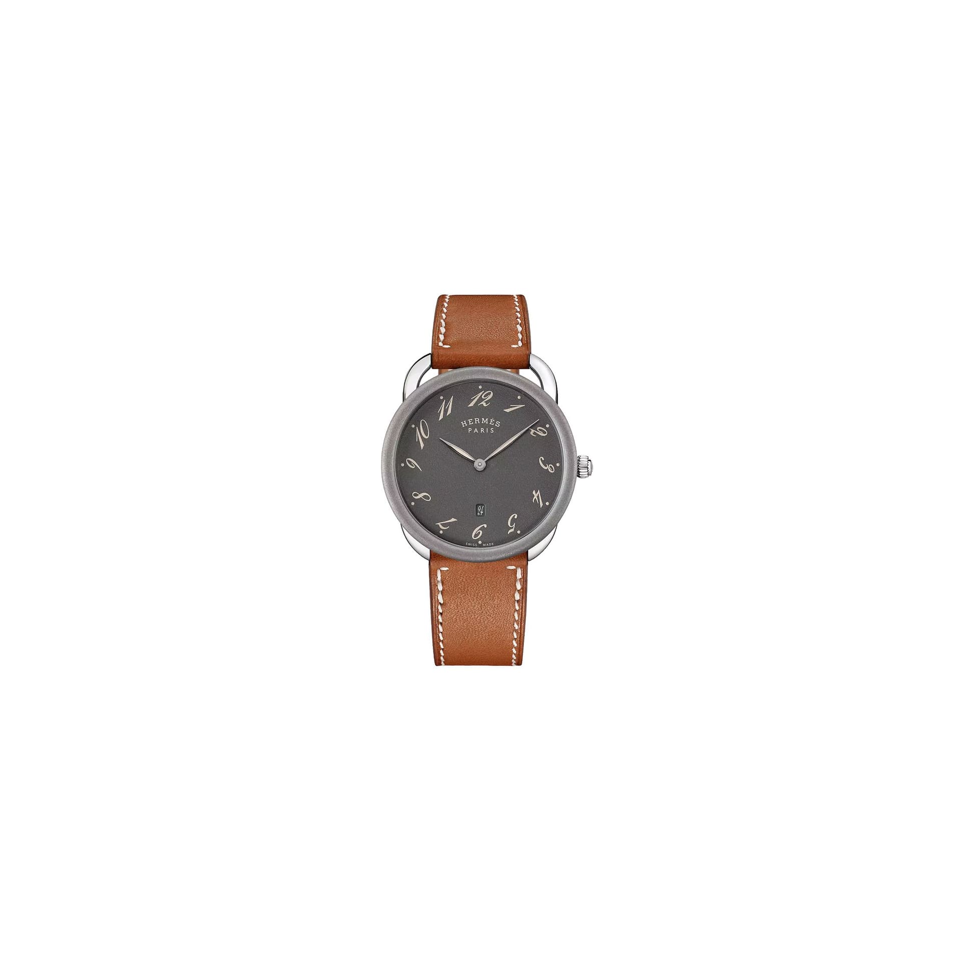 Hermès Montre HERMÈS Arceau 78 Grand Modèle quartz cadran anthracite bracelet cuir marron 40 mm