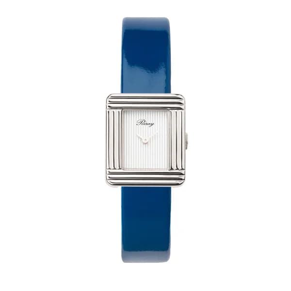 Poiray Montre Poiray Ma Première Mini Acier Cadran Ligné Bracelet Veau Vernis Bleu