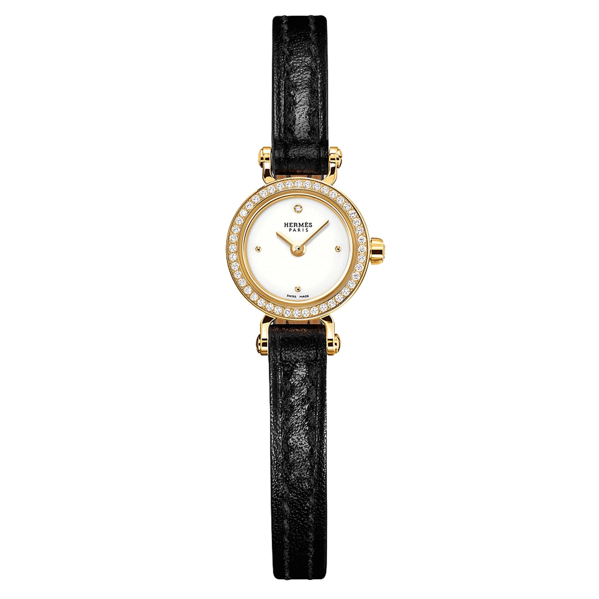 Hermès Montre HERMÈS Faubourg Mini Modèle Or Jaune quartz lunette sertie cadran blanc bracelet cuir noir 15 mm