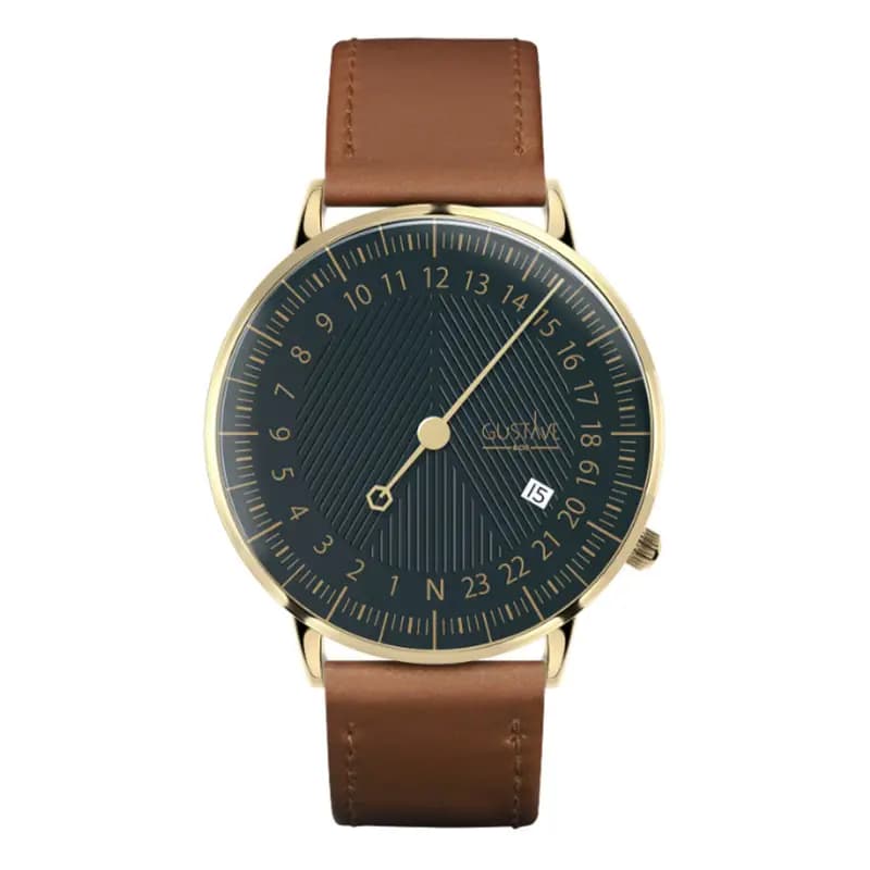 Gustave & Cie Montre 24H André Or & Vert Cuir Marron Havane Surpiqué 40mm
