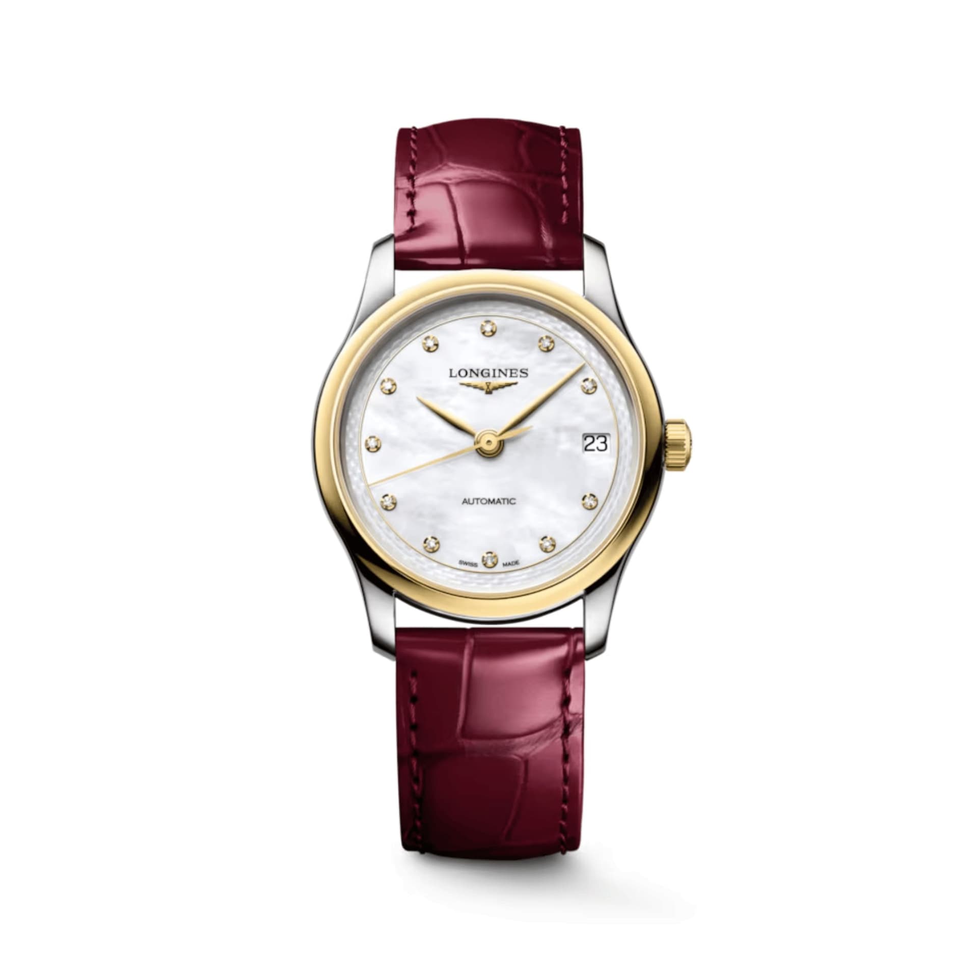 Longines Montre Longines Master Collection automatique cadran nacre blanche bracelet cuir rouge 30 mm