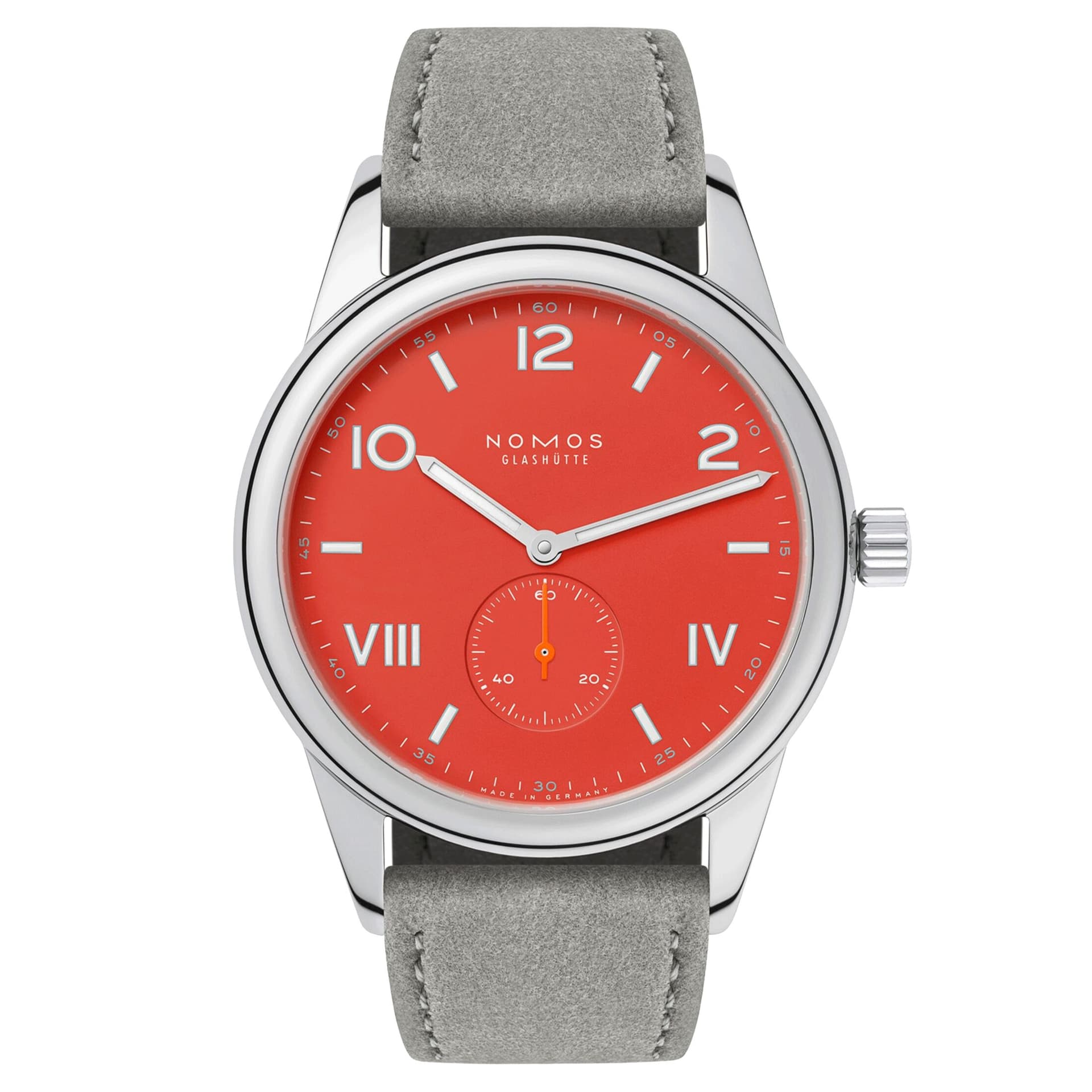 Nomos Montre NOMOS Club Campus Nonstop Red mécanique fond acier cadran rouge bracelet velours gris 38 mm