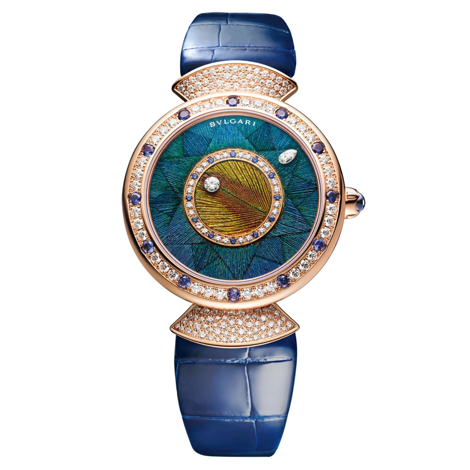 Bulgari Montre Bulgari Diva's Dream Or Rose automatique lunette sertie cadran bleu bracelet cuir bleu 37 mm