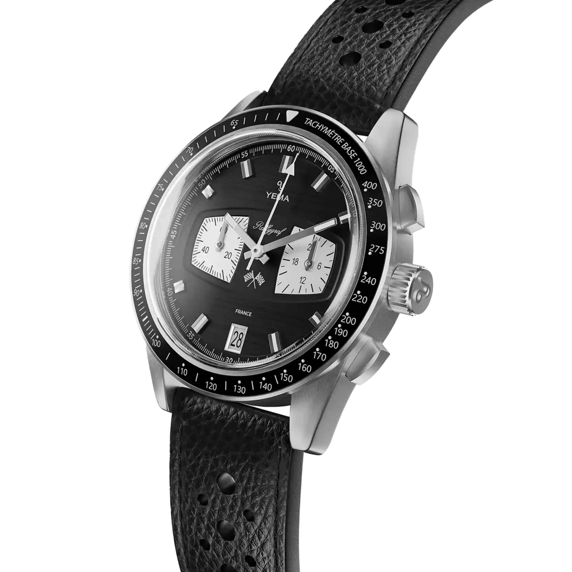 Yema Montre Yema Rallygraf Meca-Quartz II Reverse Panda cadran noir bracelet cuir 40 mm