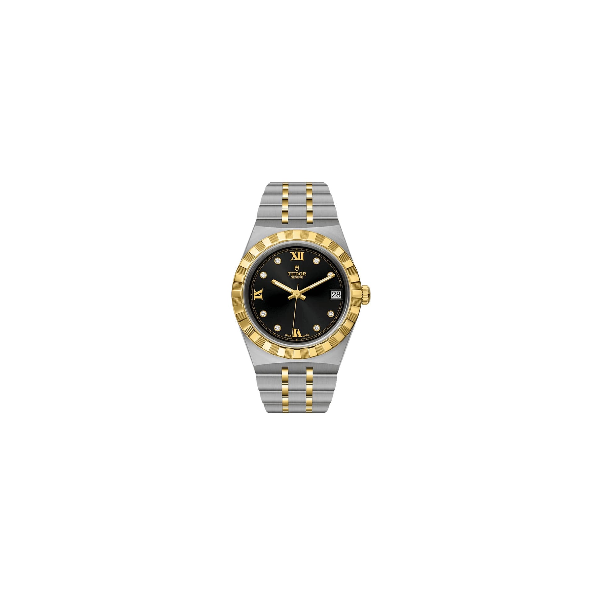 Tudor Montre Tudor Royal automatique index diamants cadran noir bracelet acier et or jaune 34 mm