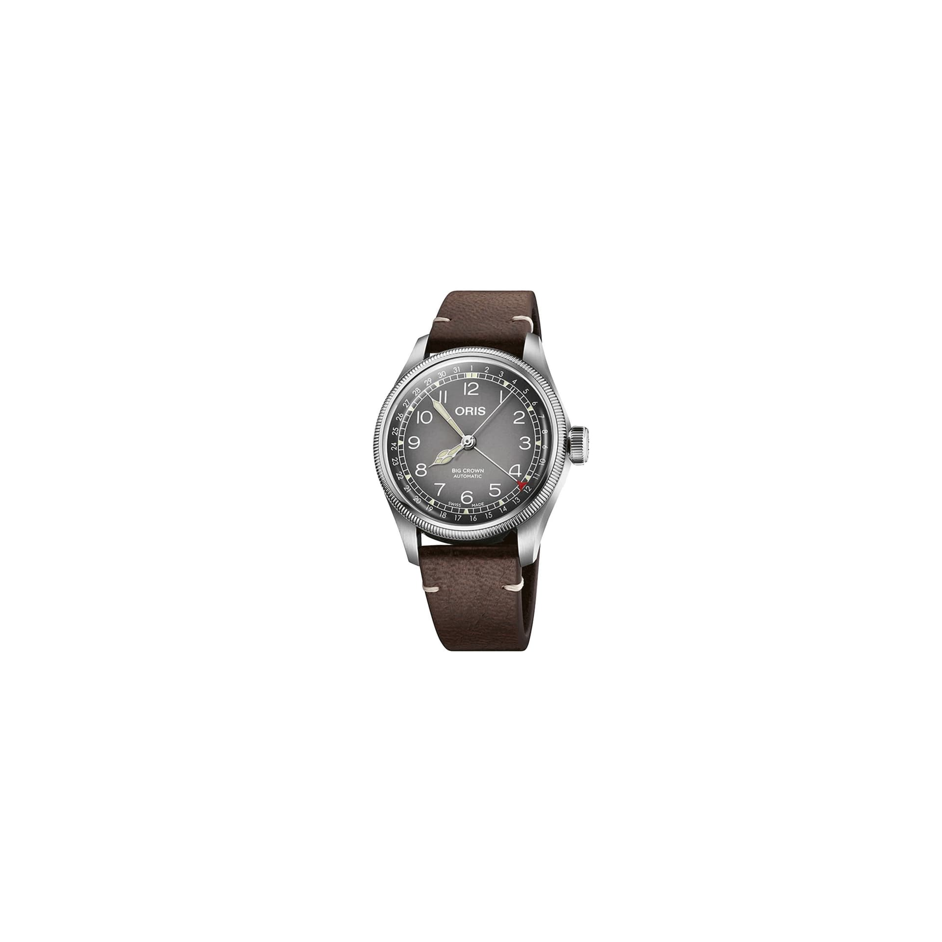 Oris Montre Oris X Cervo Volante Big Crown Pointer Date automatique cadran gris bracelet cuir 38 mm