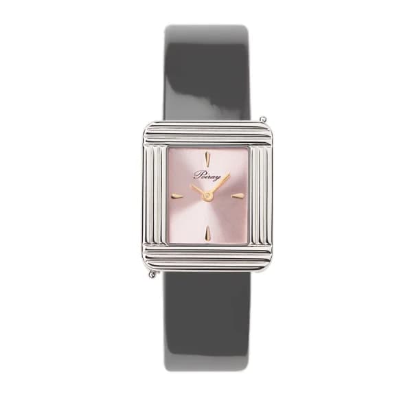 Poiray Montre Poiray Ma Première Acier Cadran Rose Bracelet Veau Vernis Gris