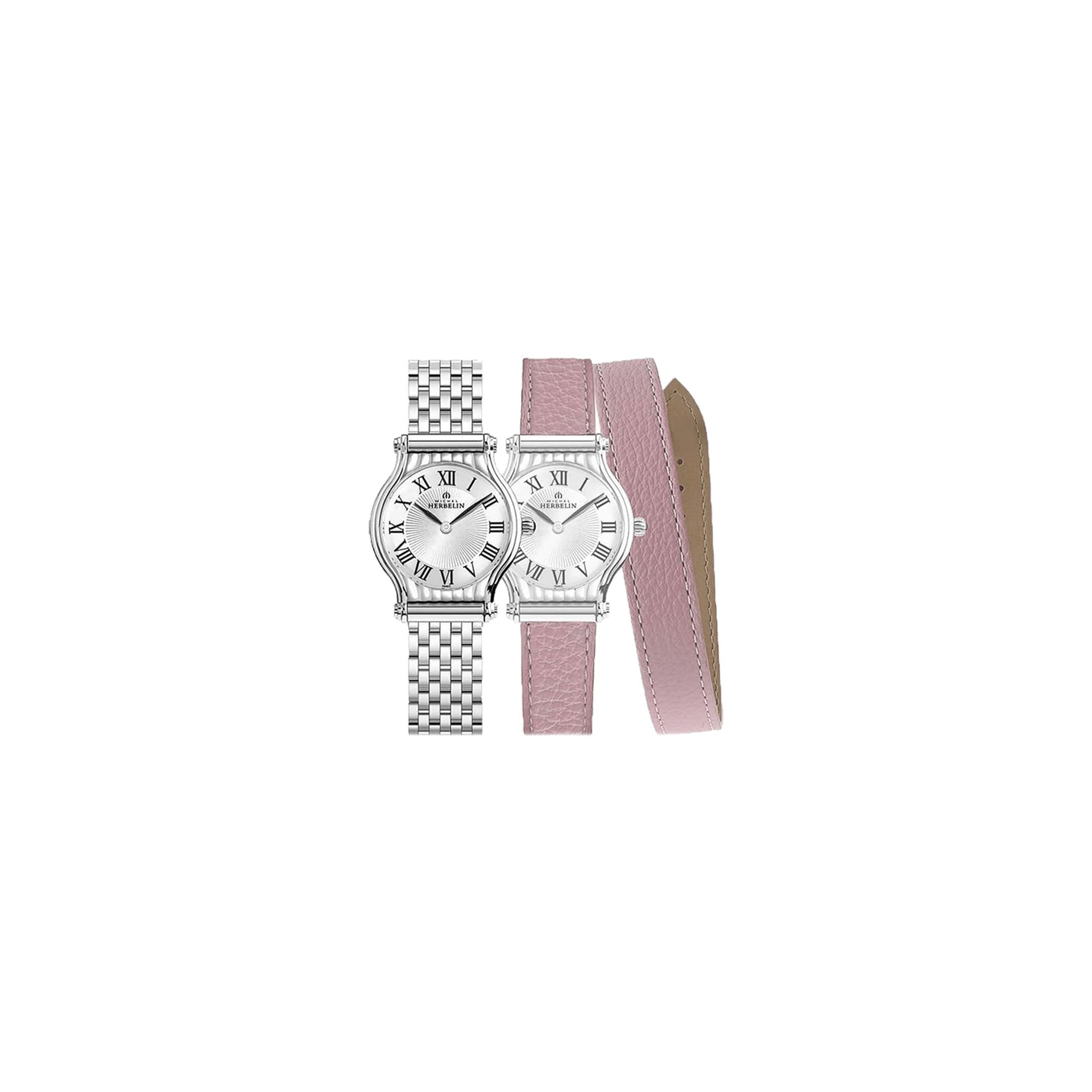 Michel Herbelin Montre Michel Herbelin Coffret Antarès quartz cadran argent chiffres romains bracelets acier et cuir rose