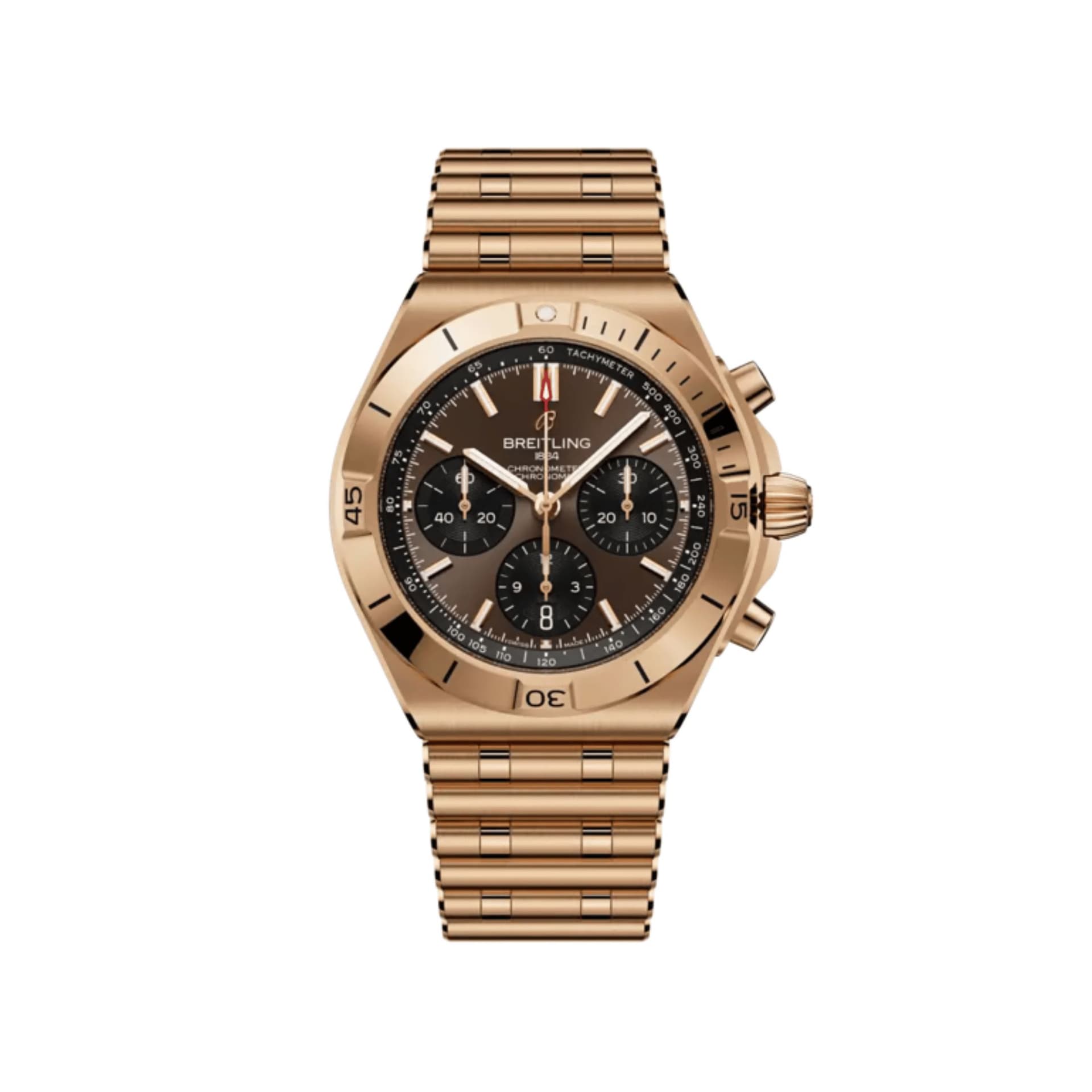 Breitling Montre Breitling Chronomat B01 Chronograph automatique cadran chocolat boitier or rouge bracelet or rouge 42 mm