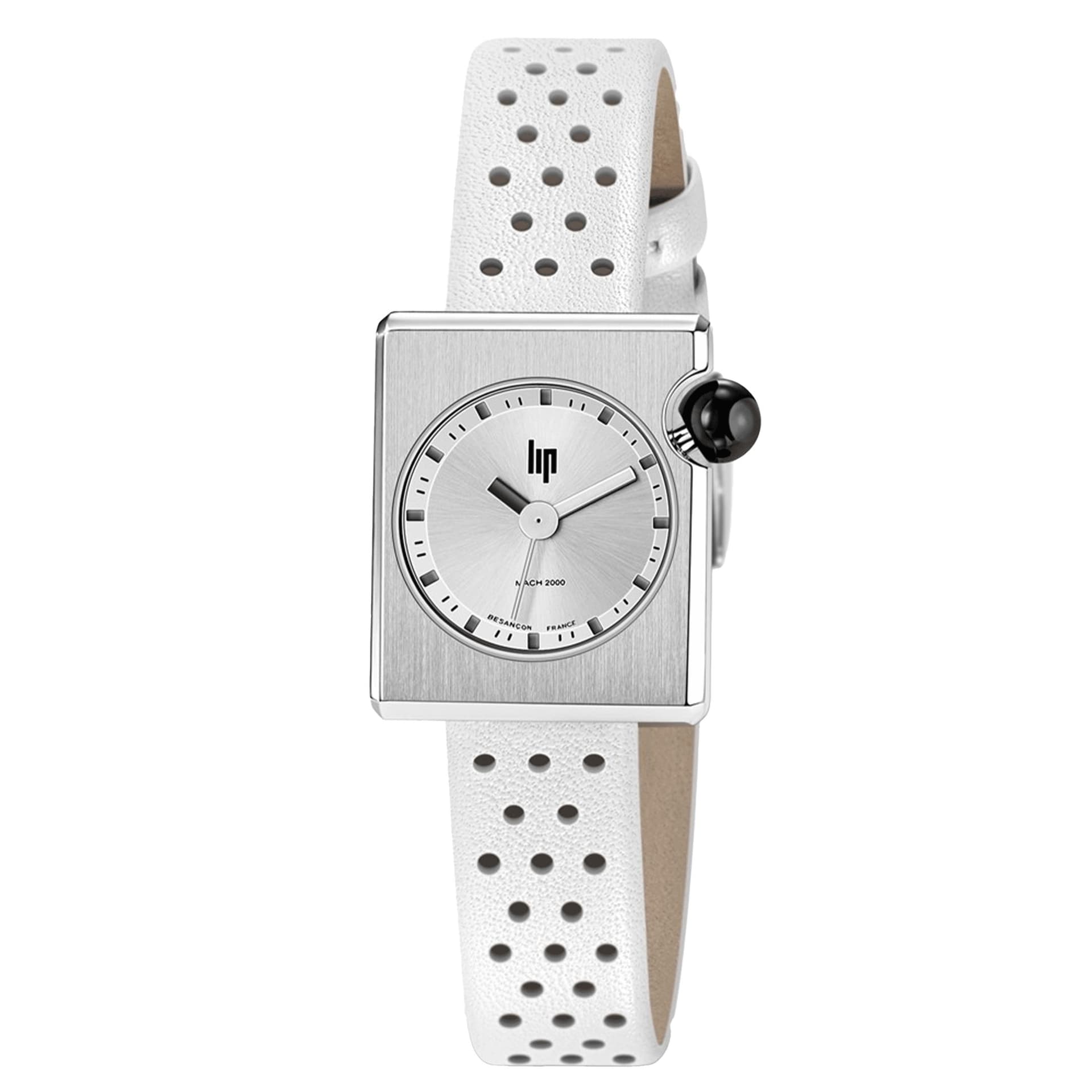 Lip Montre Lip Mach 2000 Mini Square quartz cadran argenté bracelet cuir blanc perforé 30 x 28 mm