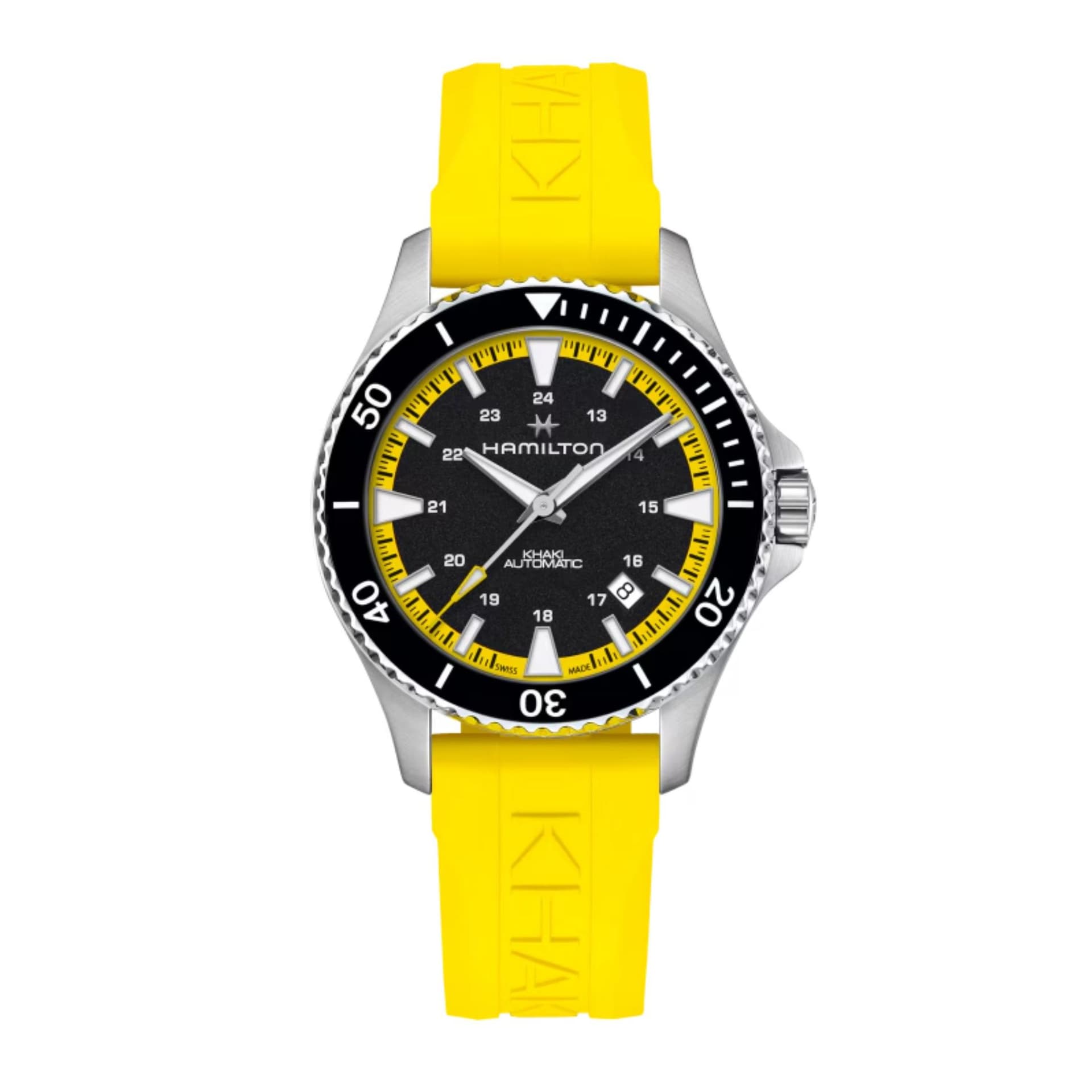 Hamilton Montre Hamilton Khaki Navy Scuba automatique cadran noir bracelet caoutchouc jaune 40 mm