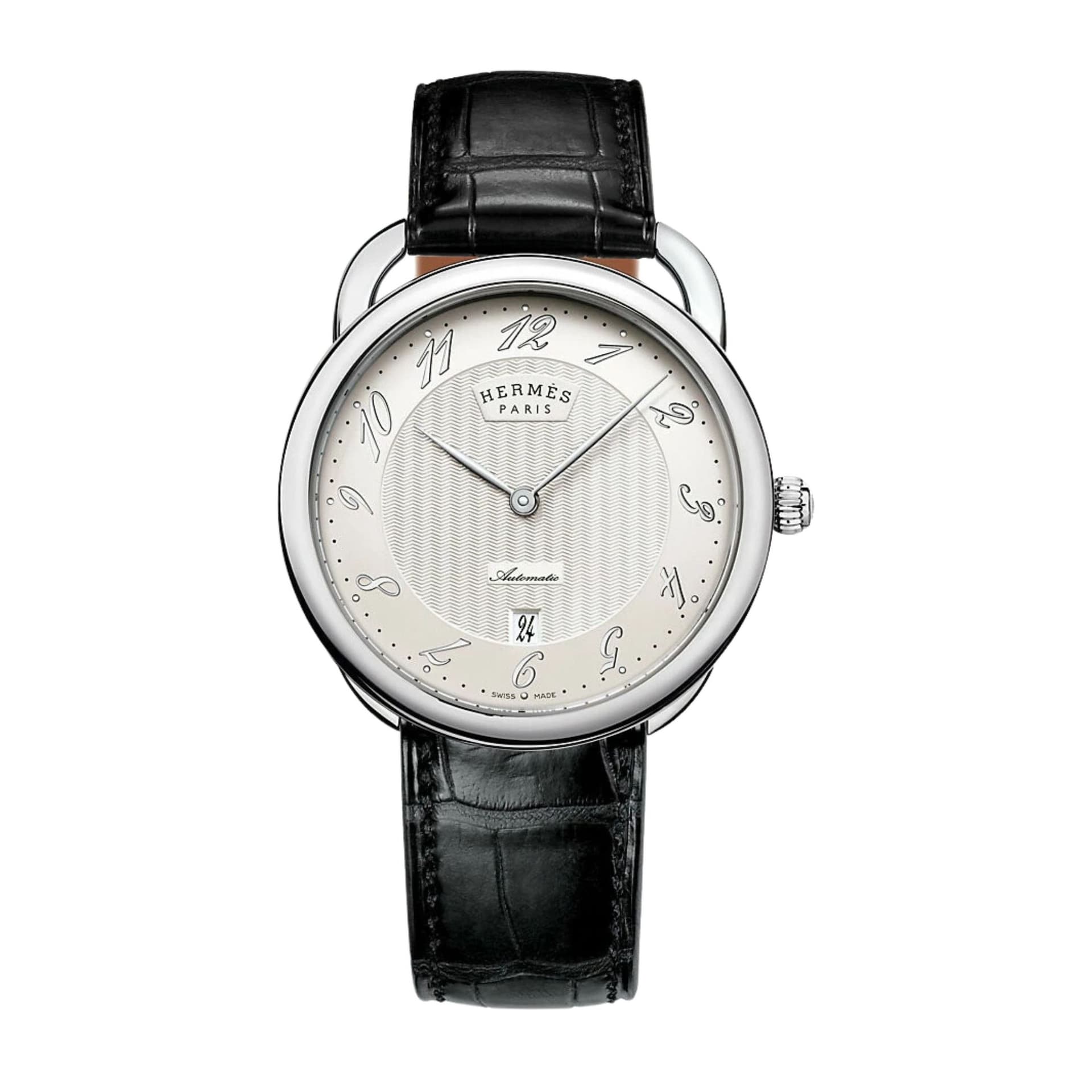 Hermès Montre HERMÈS Arceau automatique cadran blanc bracelet cuir marron foncé 40 mm