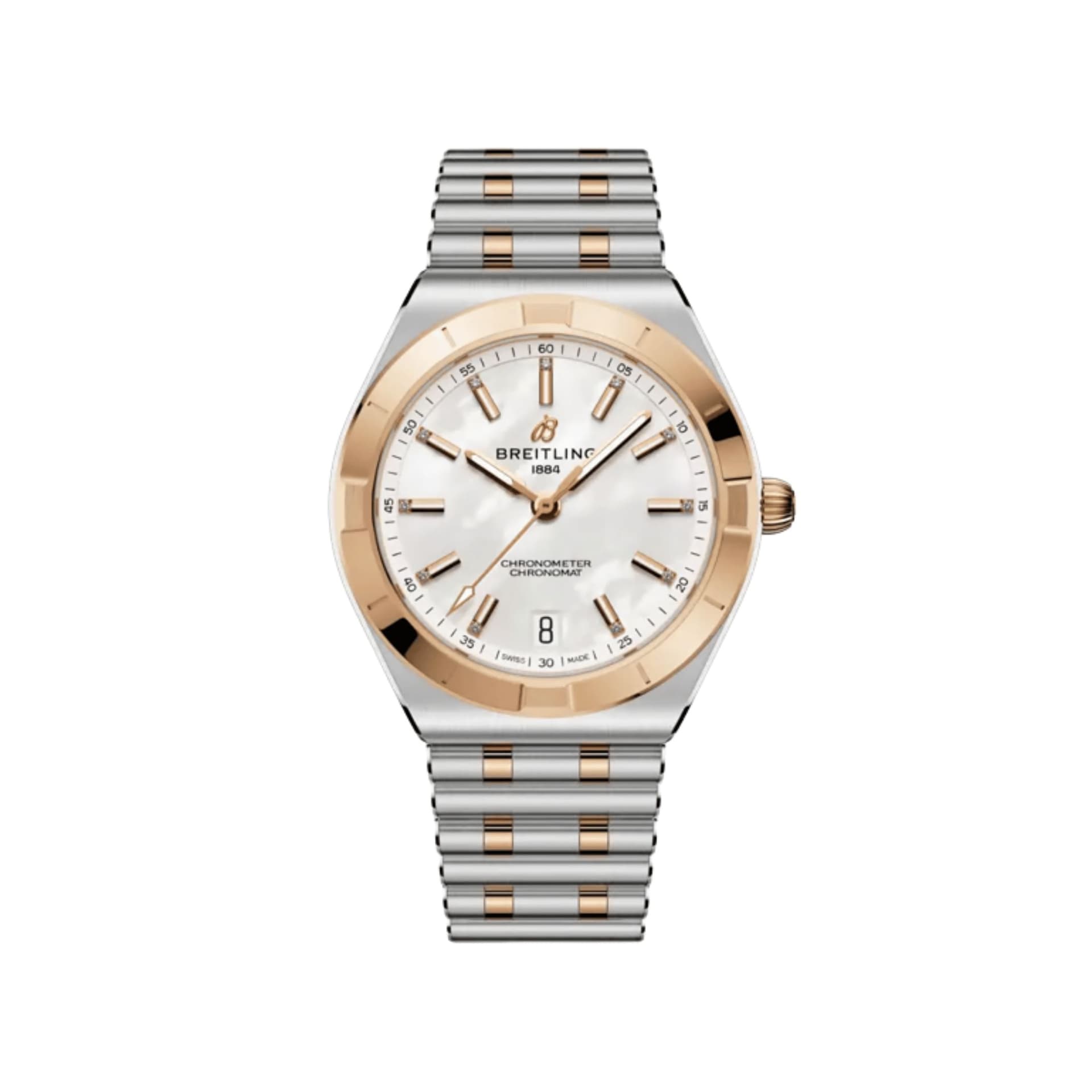 Breitling Montre Breitling Chronomat automatique cadran nacre blanche lunette or rouge bracelet acier Rouleaux 36 mm