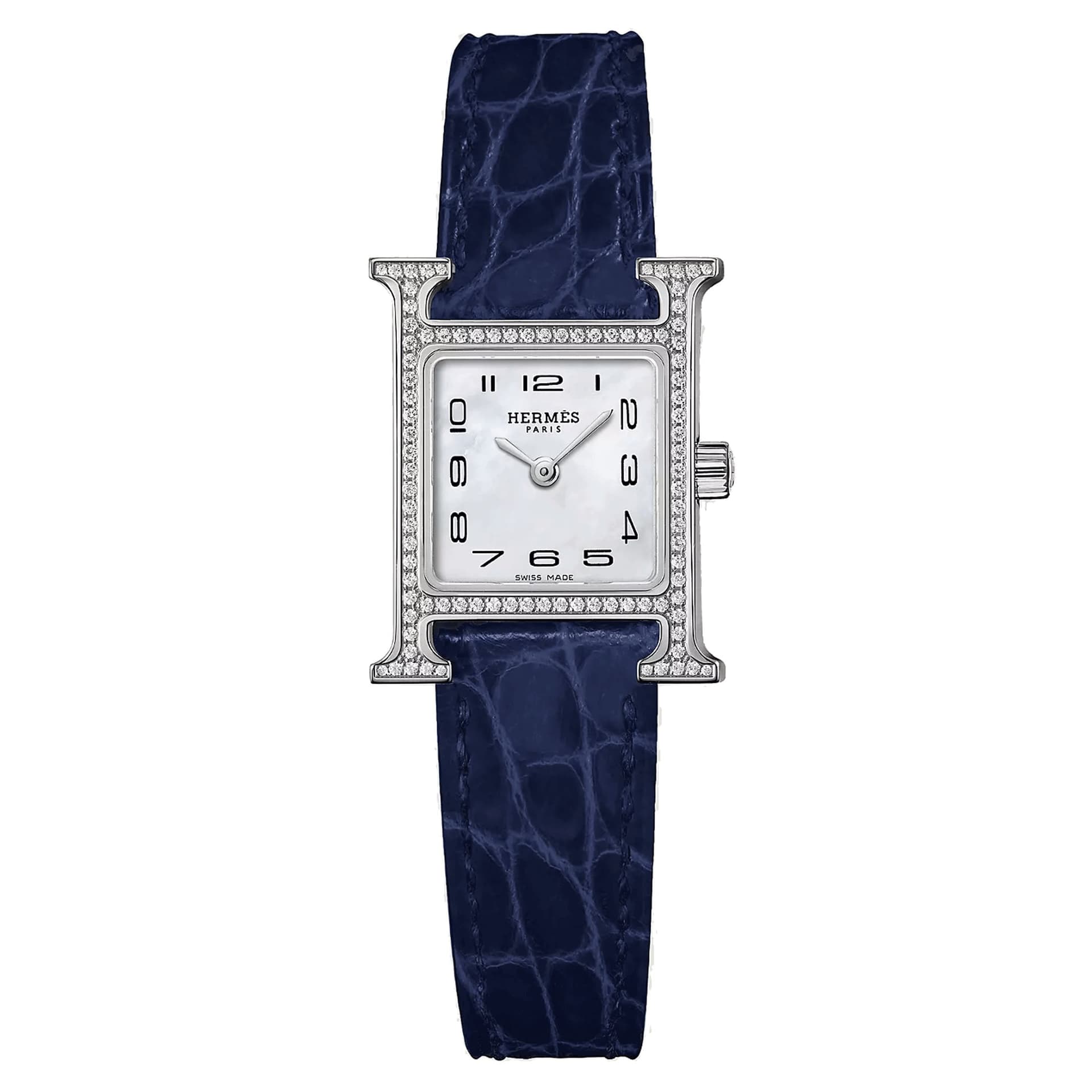 Hermès Montre HERMÈS Heure H Mini Modèle sertie quartz cadran nacre blanche bracelet cuir croco bleu 21 mm