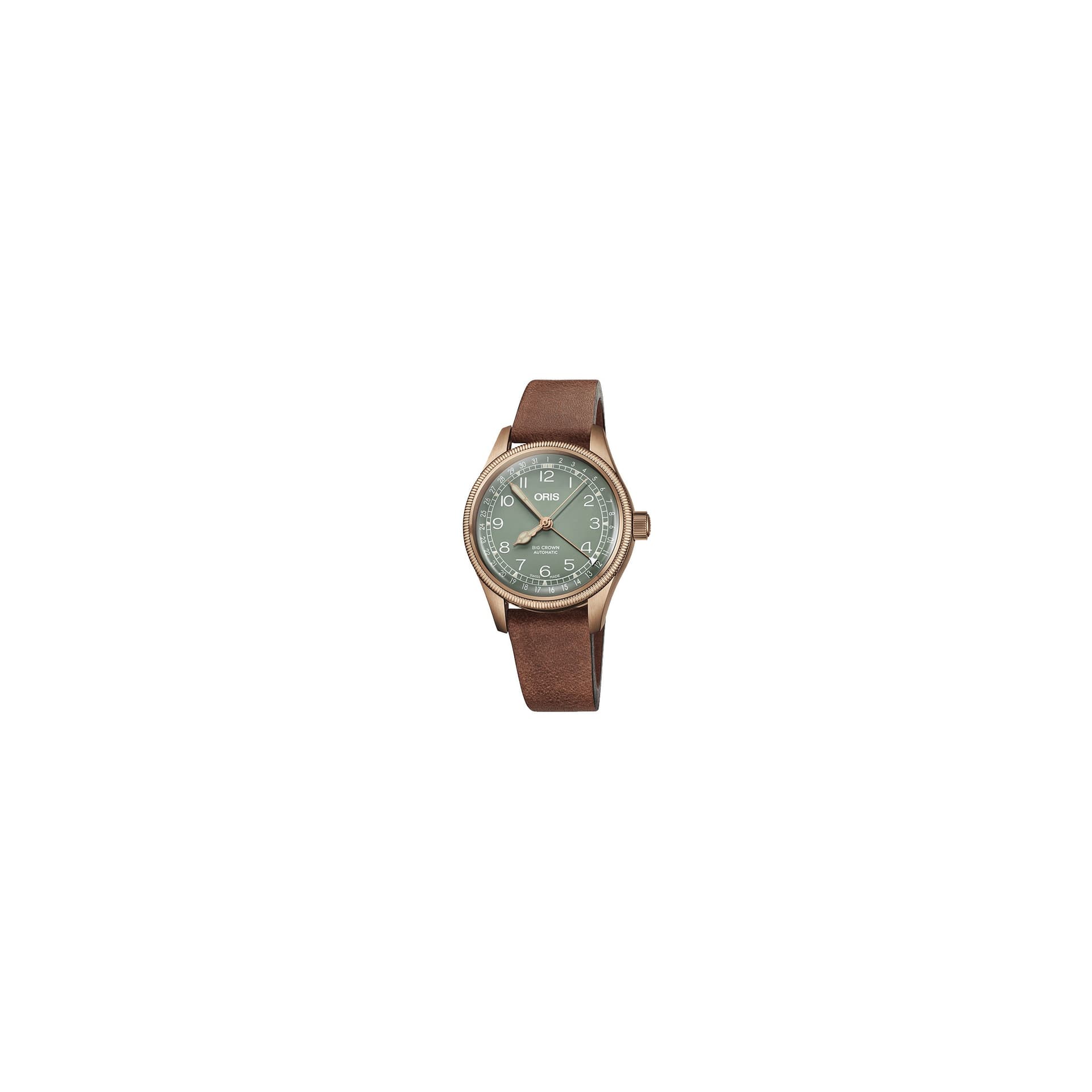Oris Montre Oris Aviation Big Crown Bronze Pointer Date cadran vert bracelet cuir marron 36 mm