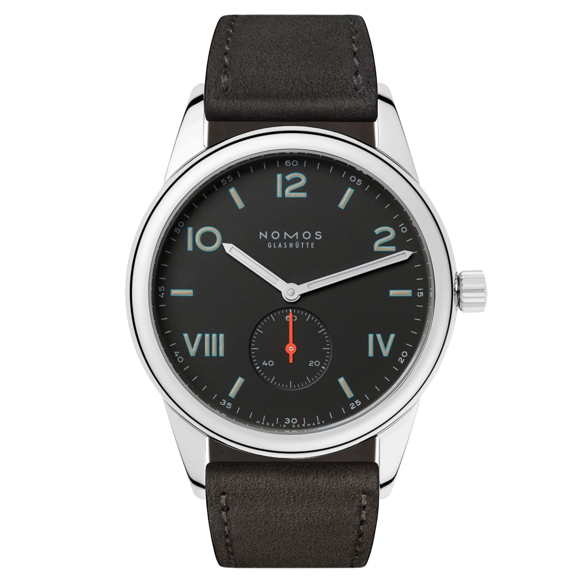 Nomos Montre NOMOS Club Campus 38 mécanique fond saphir cadran noir bracelet cuir anthracite 38,5 mm