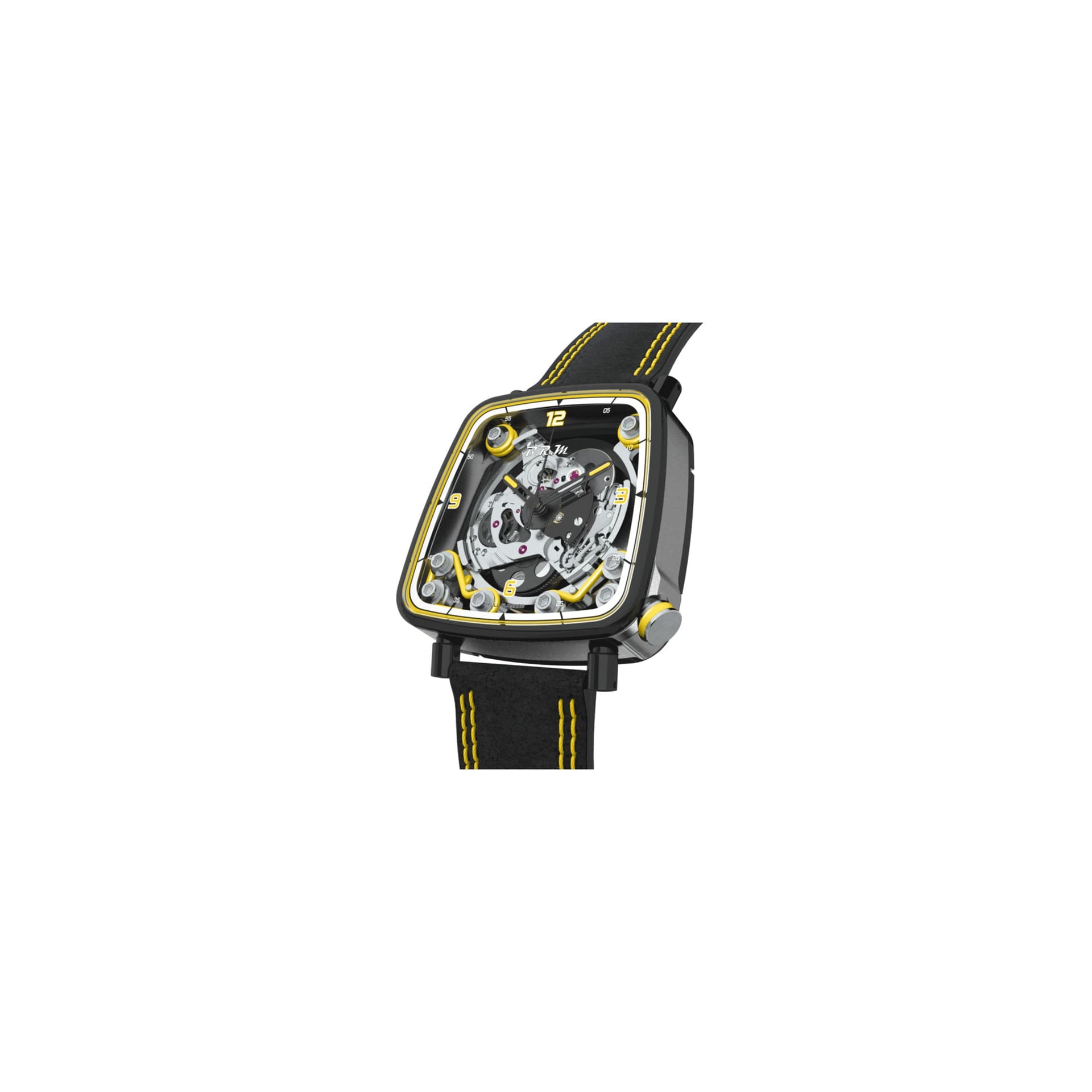 B.R.M Montre B.R.M FF39-40 automatique titane PVD noir couronne laque jaune cadran squelette bracelet cuir Alcantara noir 40 mm