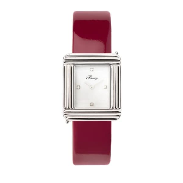 Poiray Montre Poiray Ma Première Cadran Blanc Serti Bracelet Veau Vernis Cerise