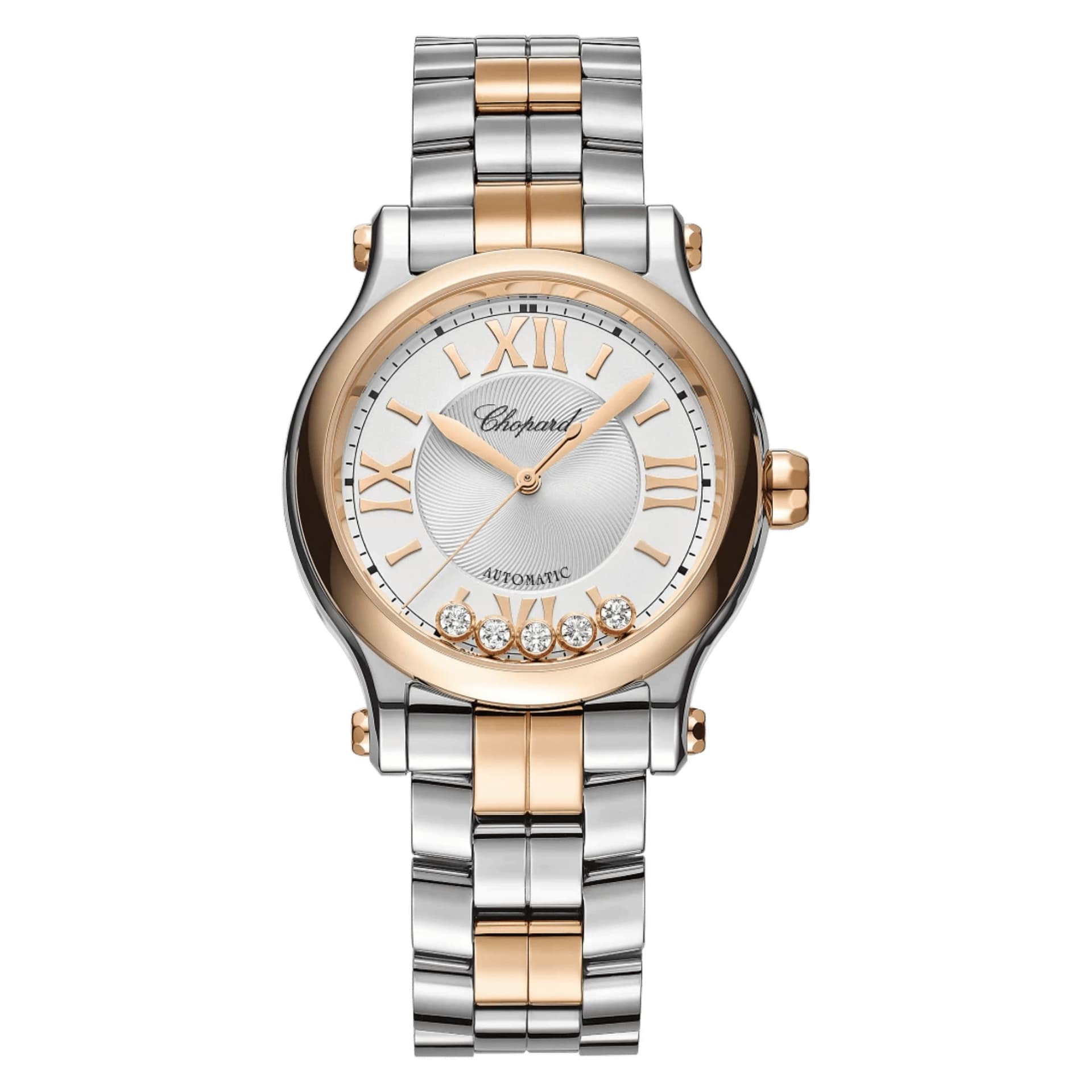 Chopard Montre Chopard Happy Sport automatique lunette or rose cadran argenté bracelet acier 33 mm