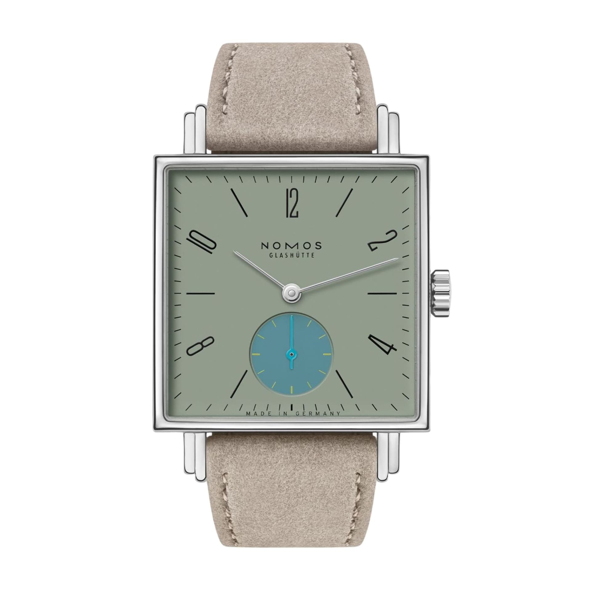 Nomos Montre Nomos Tetra Salvia mécanique fond verre saphir cadran vert bracelet velours beige 29,5 mm