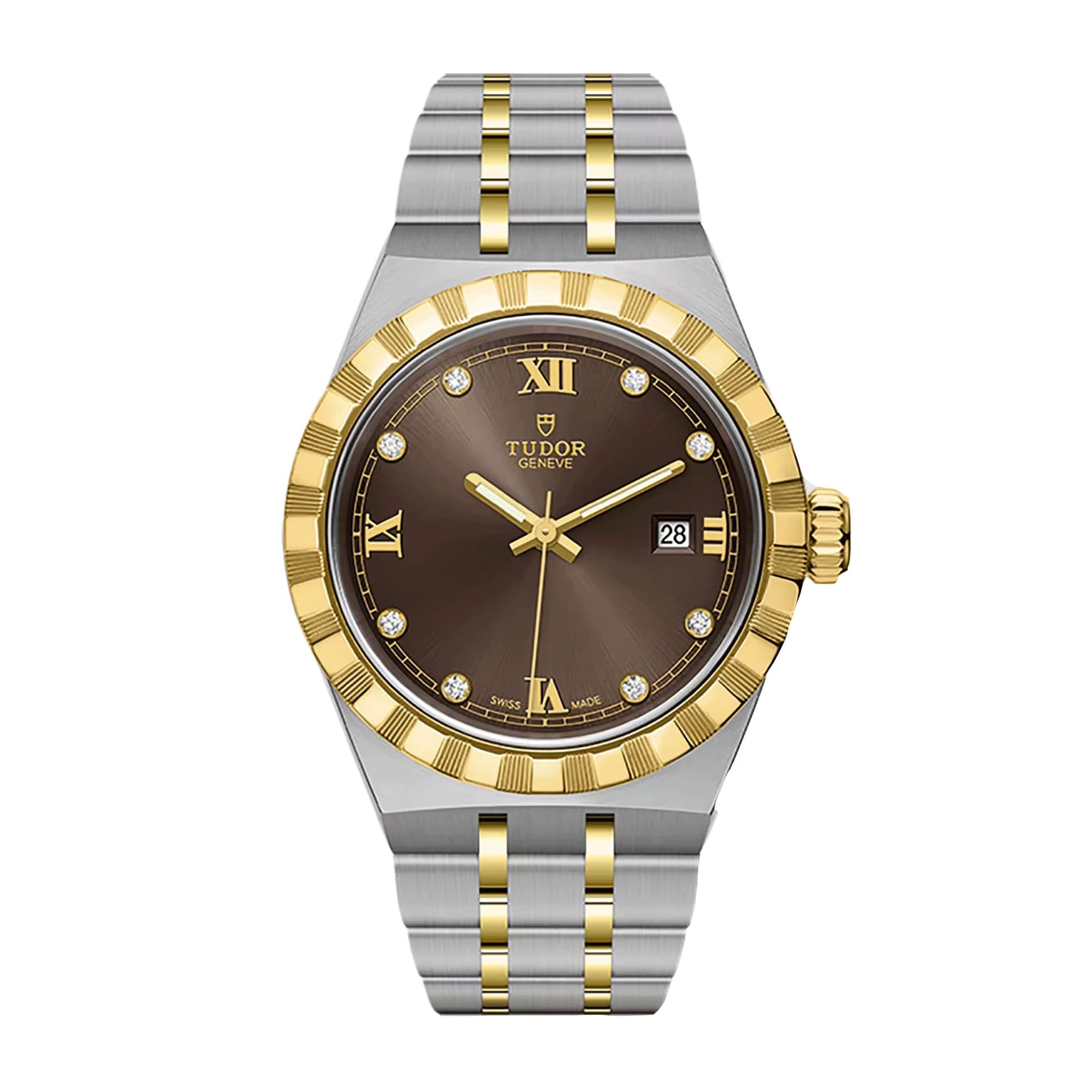 Tudor Montre Tudor Royal automatique lunette or jaune index diamants cadran chocolat bracelet acier et or jaune 28 mm