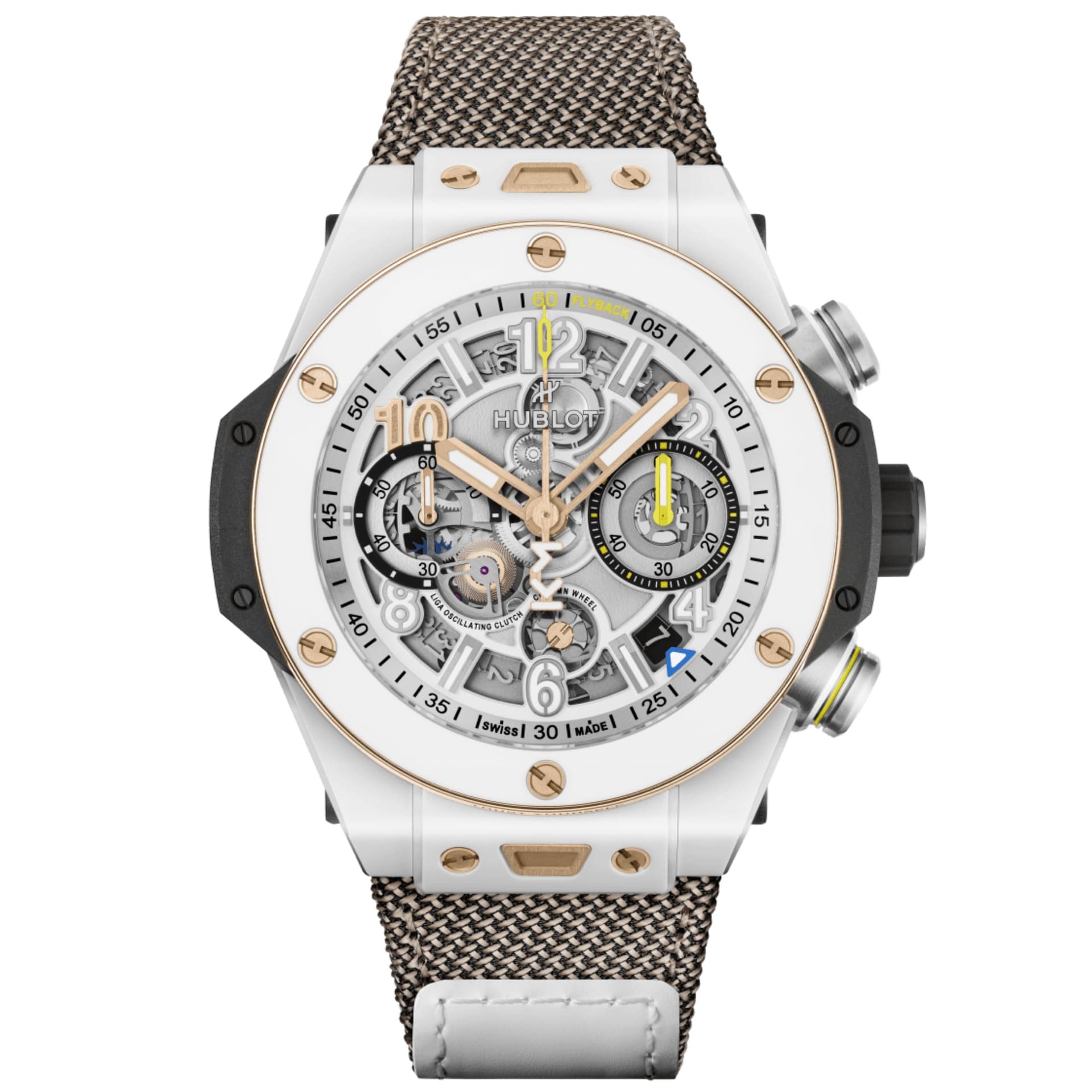 Hublot Montre Hublot Big Bang Reloaded Kylian Mbappé White Ceramic automatique cadran squelette bracelet caoutchouc 44 mm