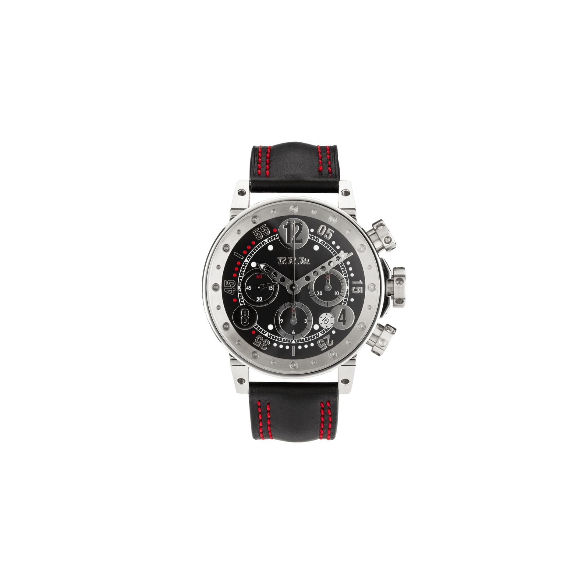 B.R.M Montre BRM V12 automatique inox cadran noir bracelet cuir noir 44 mm